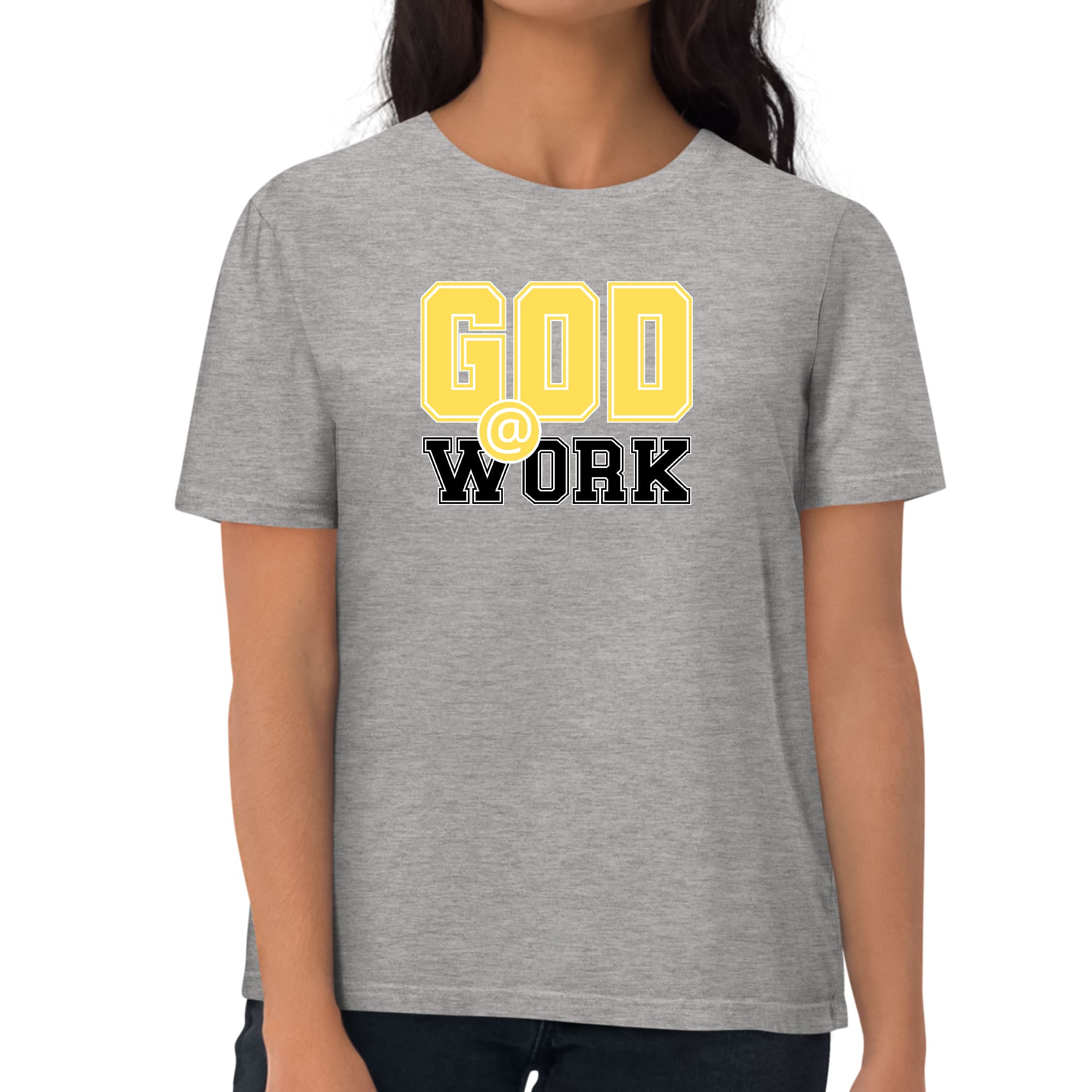 Women's fitted graphic t-shirt in yellow and black with 'God @ Work' print, showcasing artistic expression and comfort.