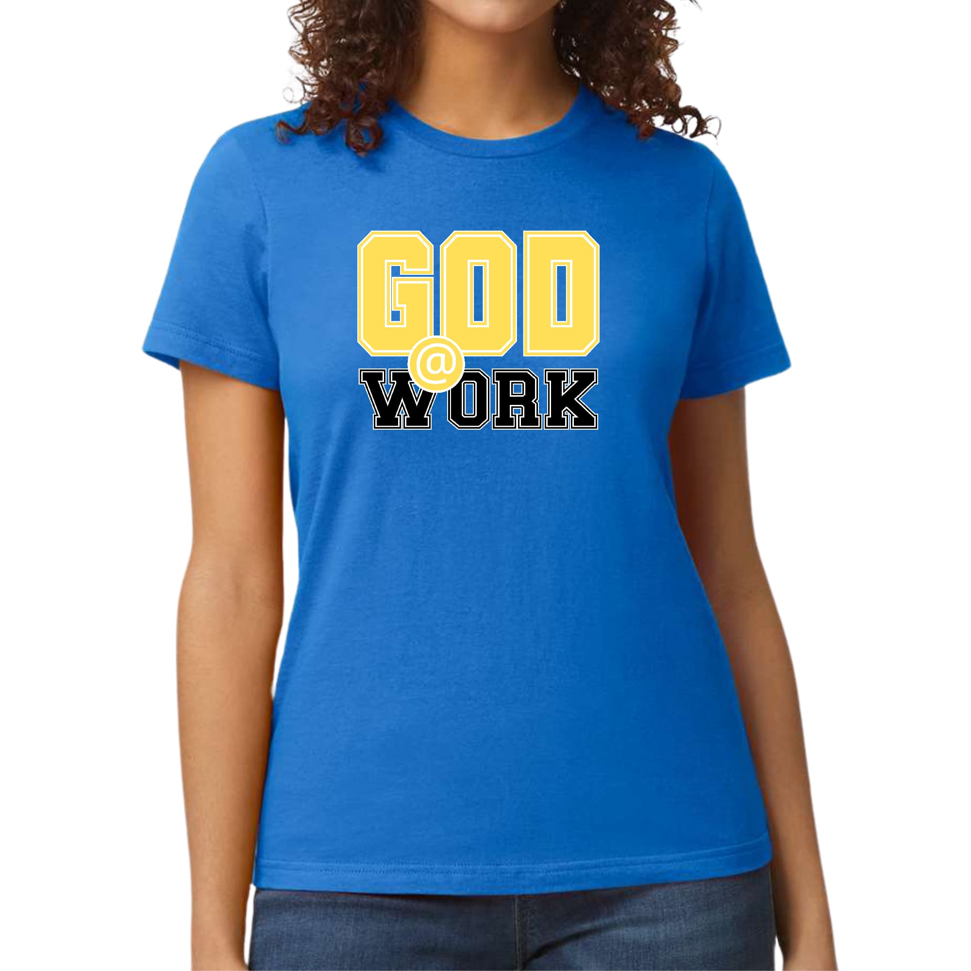 Women's fitted graphic t-shirt in yellow and black with 'God @ Work' print, showcasing artistic expression and comfort.