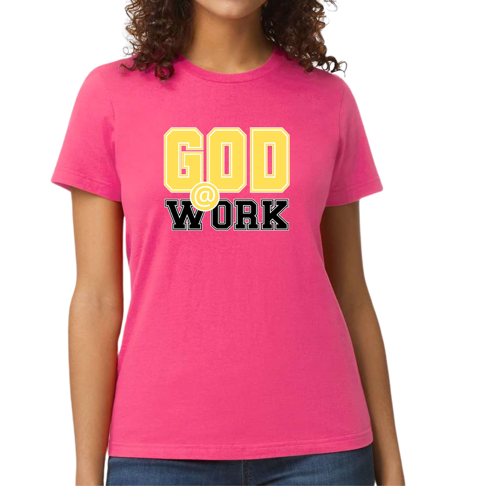 Women's fitted graphic t-shirt in yellow and black with 'God @ Work' print, showcasing artistic expression and comfort.