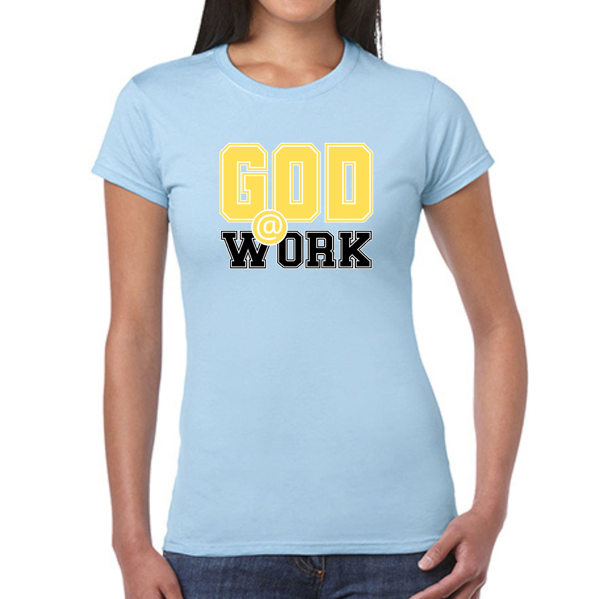 Women's fitted graphic t-shirt in yellow and black with 'God @ Work' print, showcasing artistic expression and comfort.