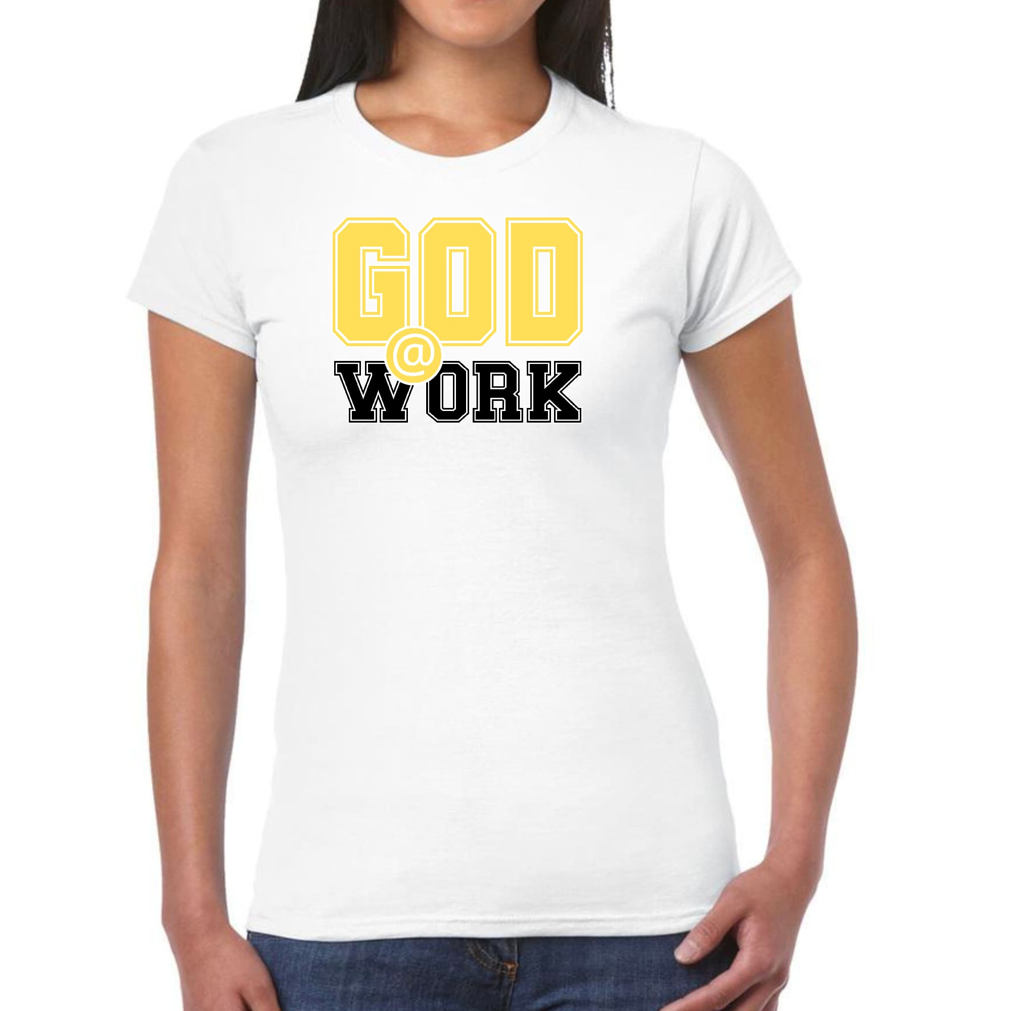 Women's fitted graphic t-shirt in yellow and black with 'God @ Work' print, showcasing artistic expression and comfort.