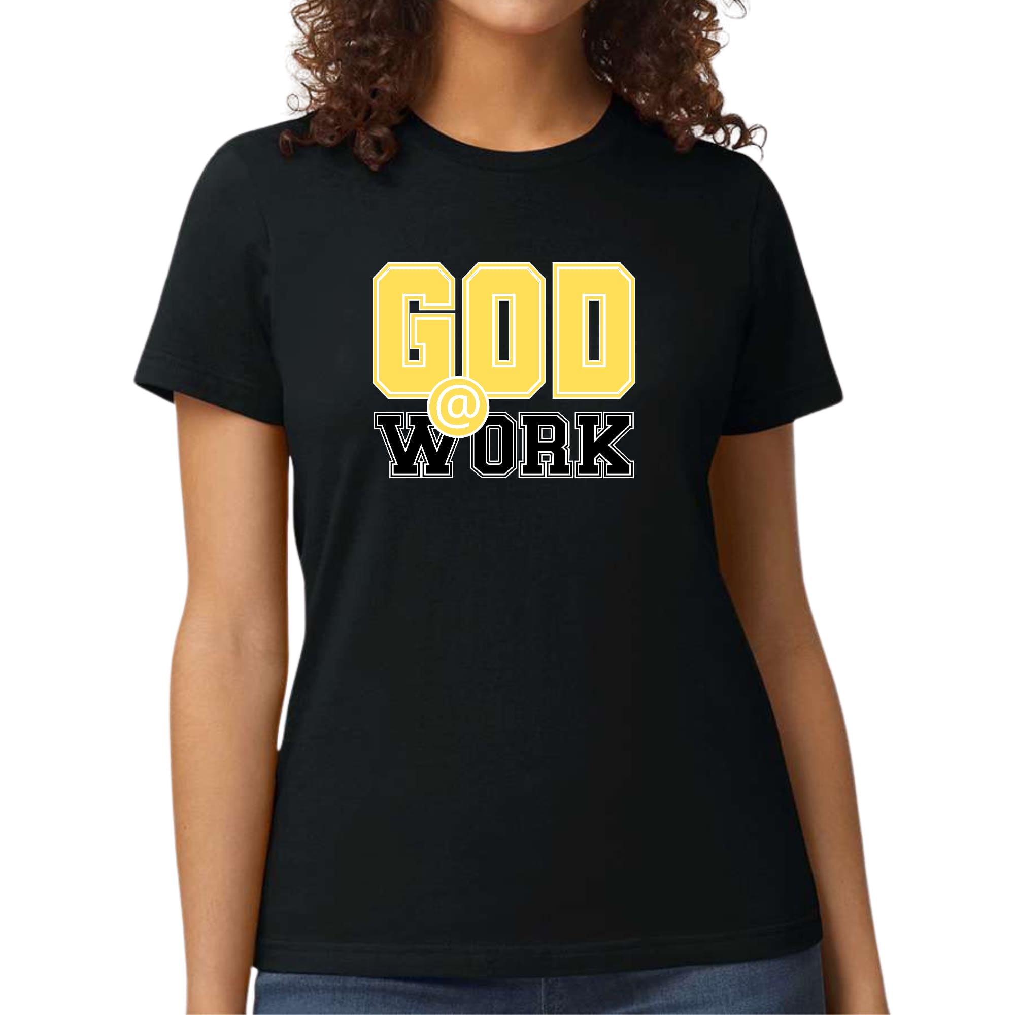 Women's fitted graphic t-shirt in yellow and black with 'God @ Work' print, showcasing artistic expression and comfort.