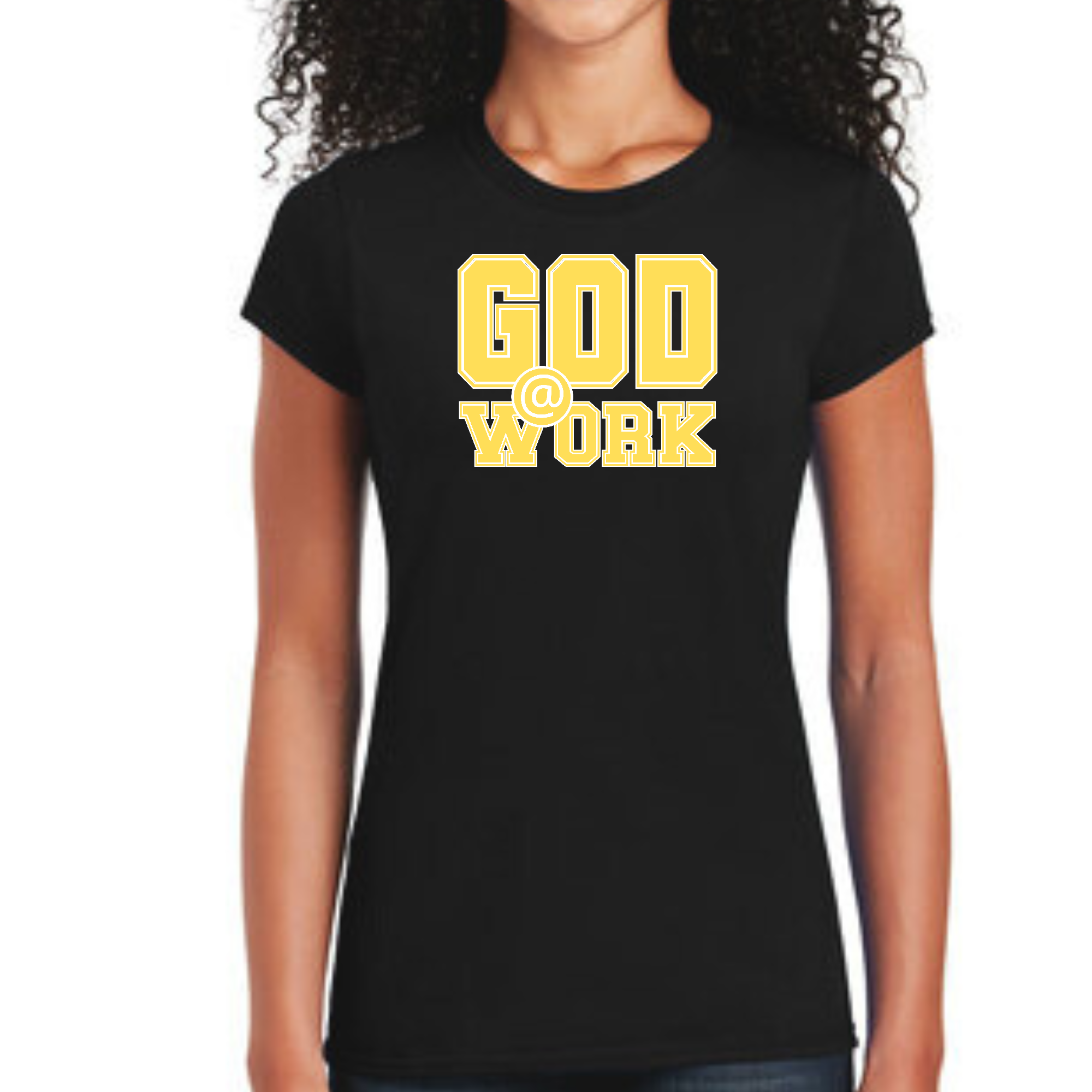 A vibrant yellow and white women's graphic t-shirt featuring the text 'God @ Work', showcasing artistic design and fitted style.