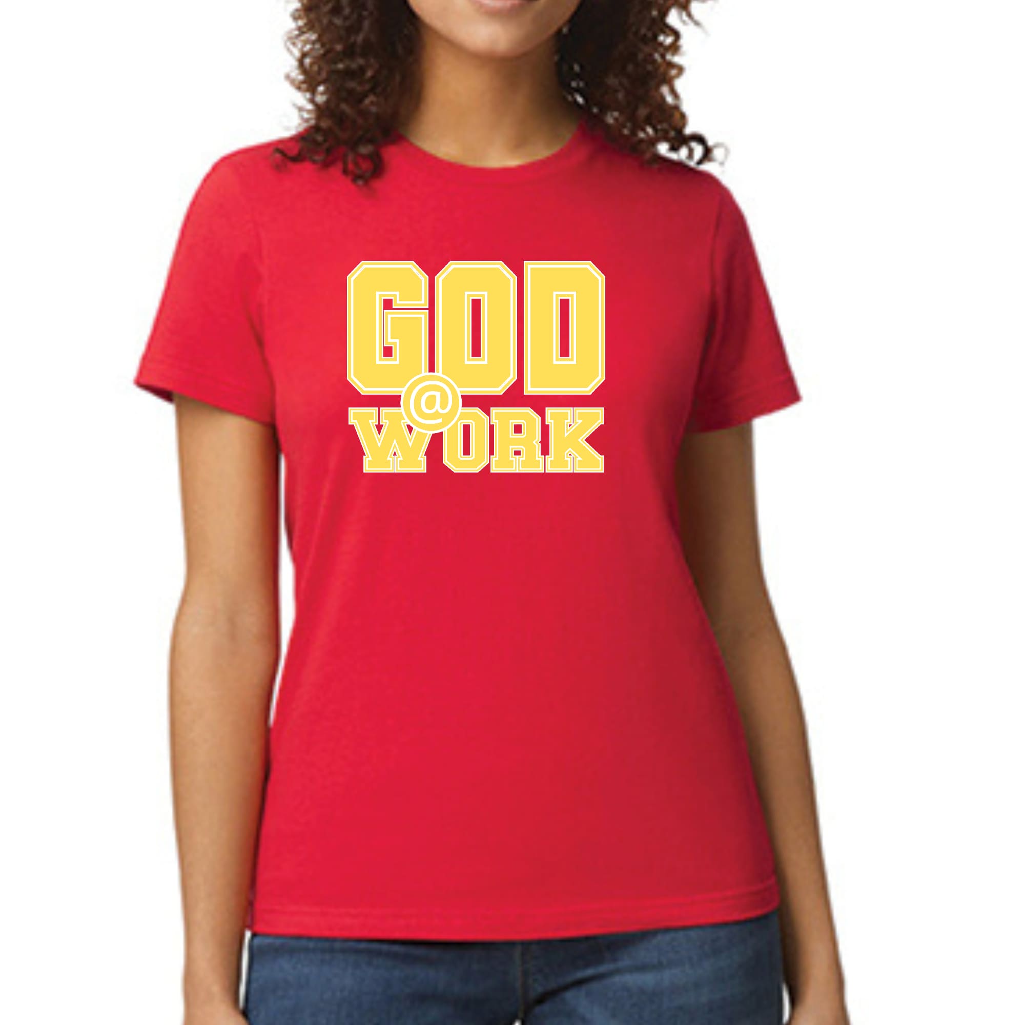 A vibrant yellow and white women's graphic t-shirt featuring the text 'God @ Work', showcasing artistic design and fitted style.