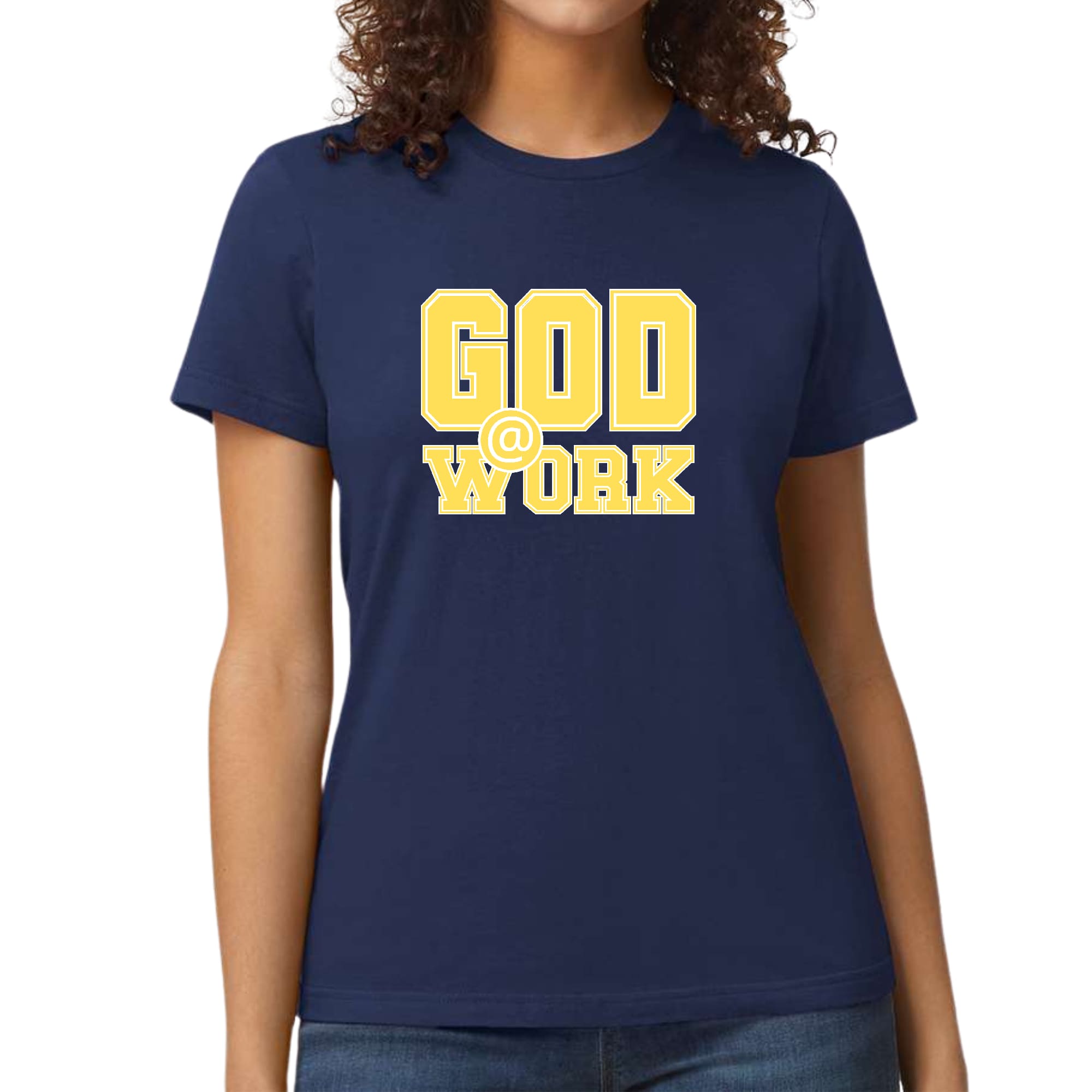 A vibrant yellow and white women's graphic t-shirt featuring the text 'God @ Work', showcasing artistic design and fitted style.