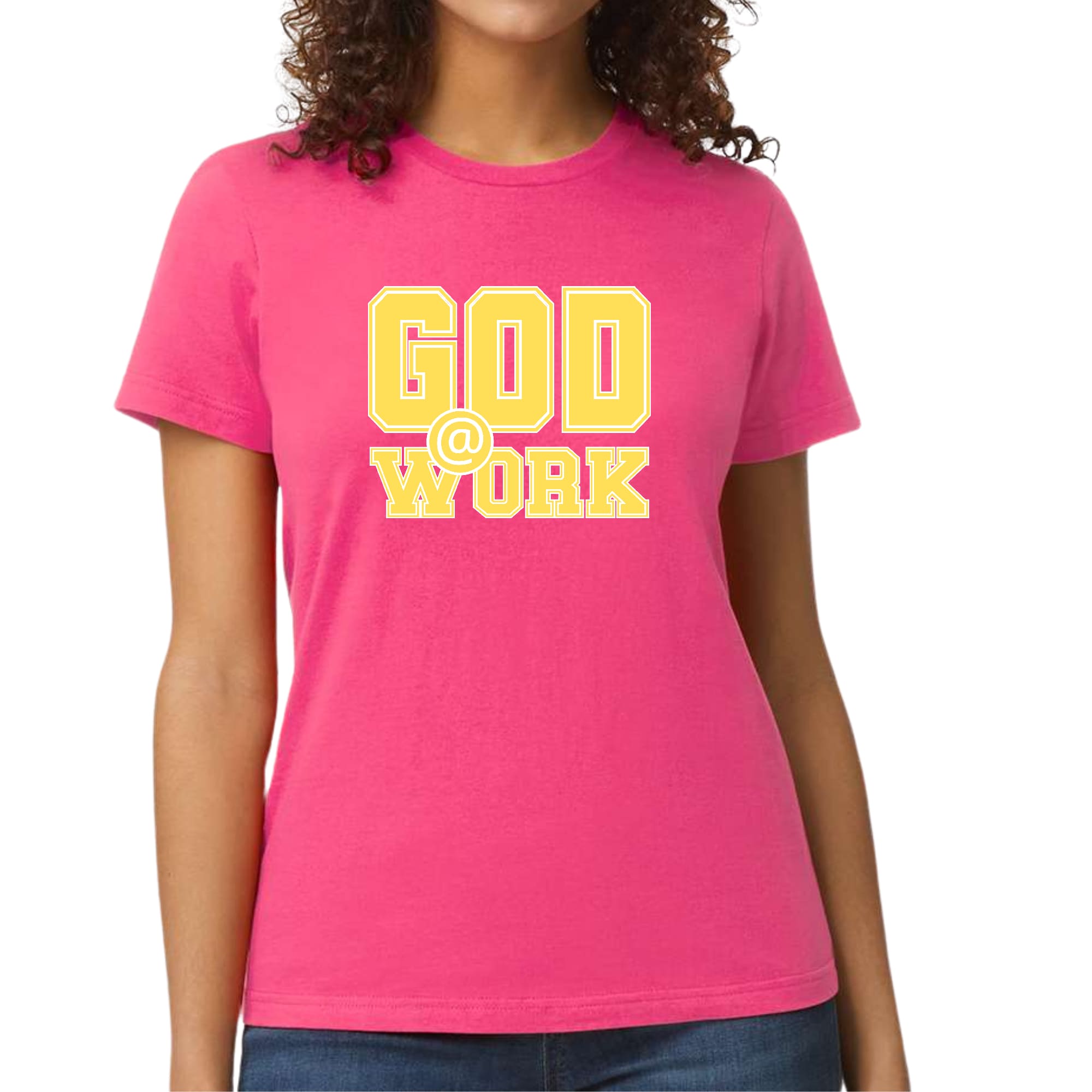 A vibrant yellow and white women's graphic t-shirt featuring the text 'God @ Work', showcasing artistic design and fitted style.