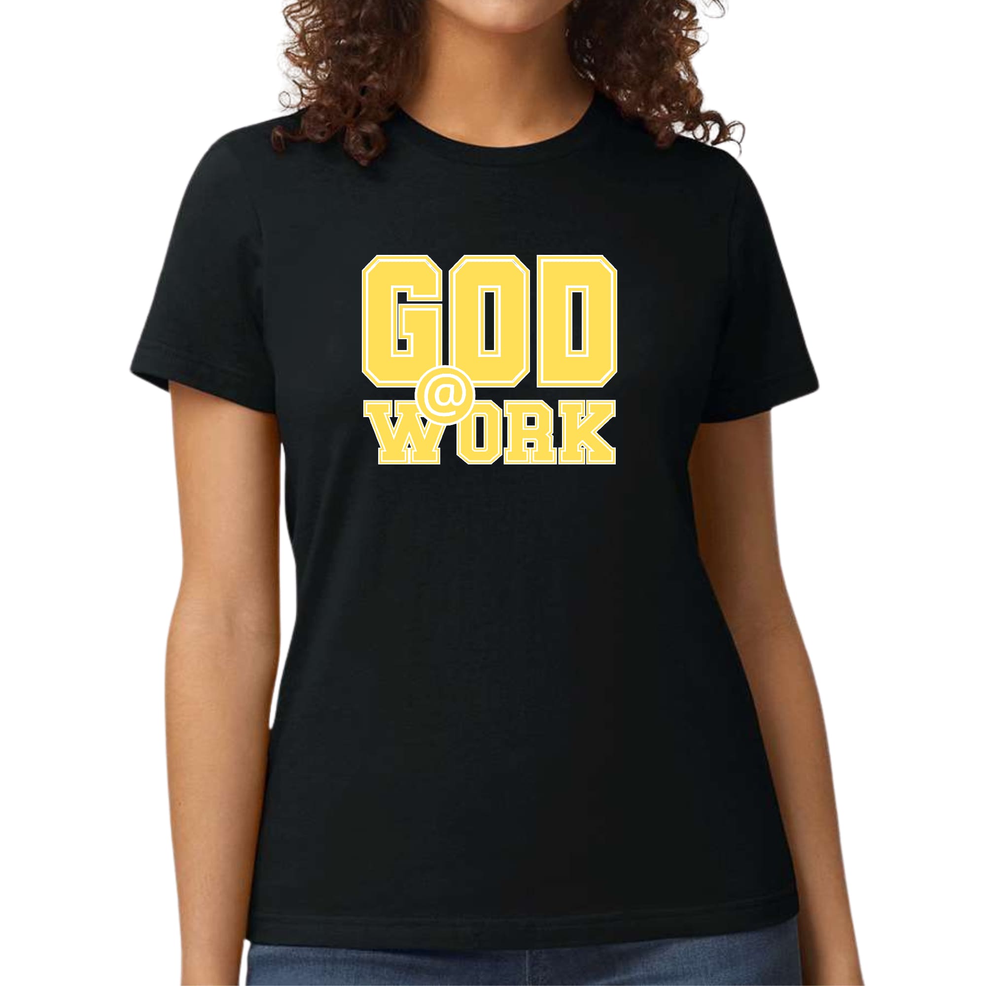 A vibrant yellow and white women's graphic t-shirt featuring the text 'God @ Work', showcasing artistic design and fitted style.