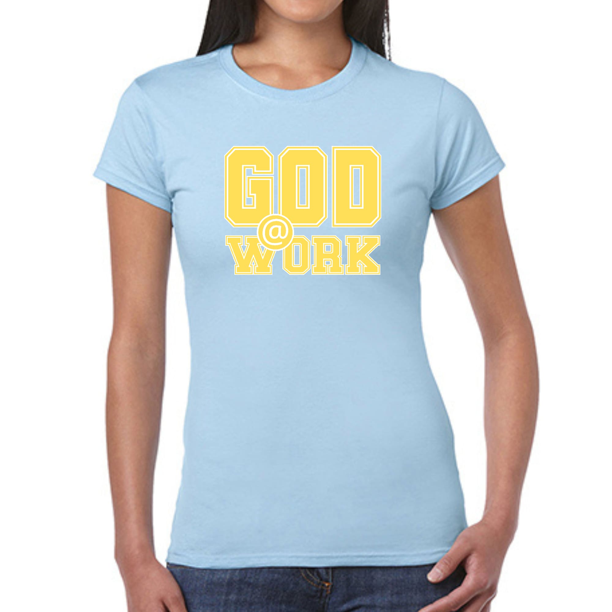 A vibrant yellow and white women's graphic t-shirt featuring the text 'God @ Work', showcasing artistic design and fitted style.