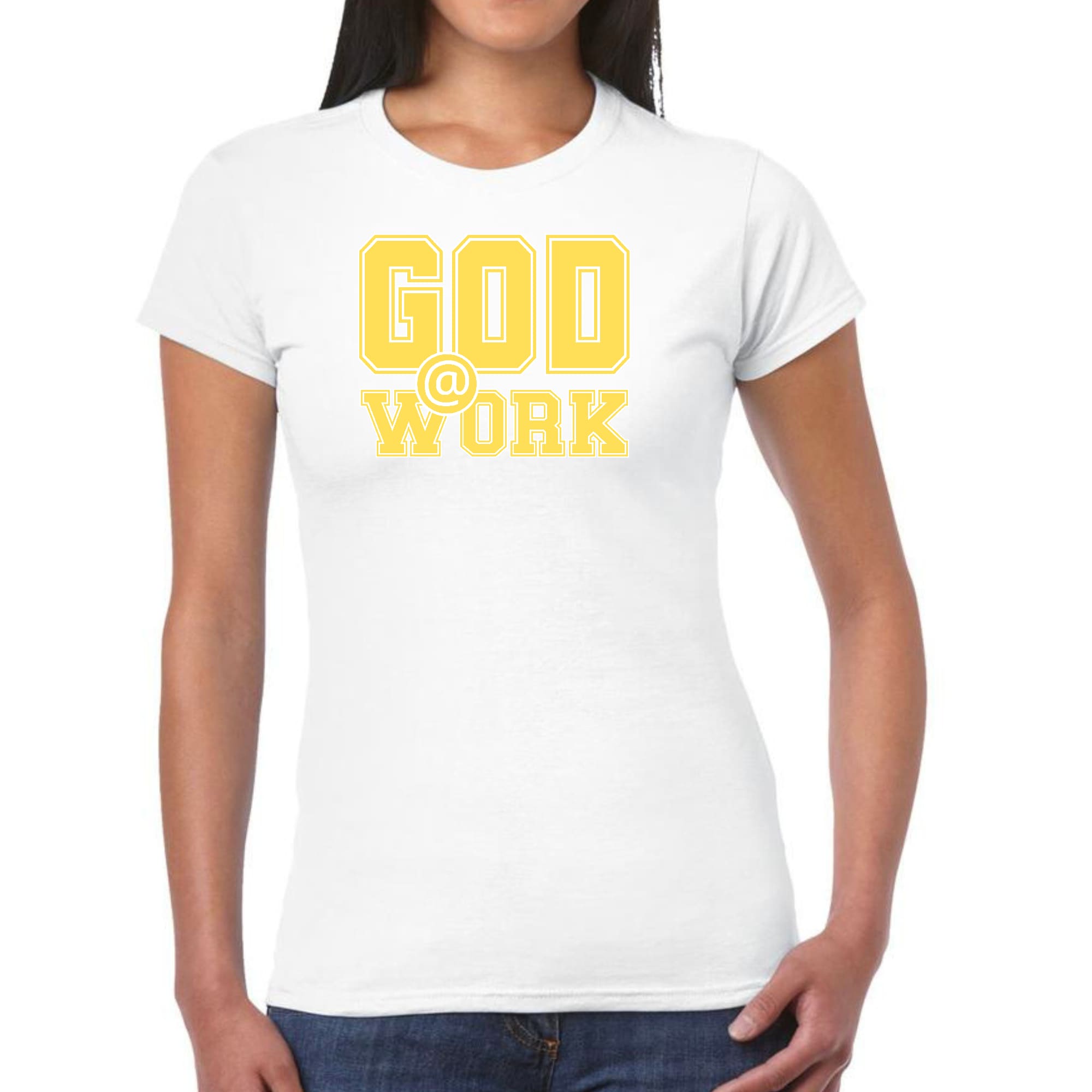 A vibrant yellow and white women's graphic t-shirt featuring the text 'God @ Work', showcasing artistic design and fitted style.