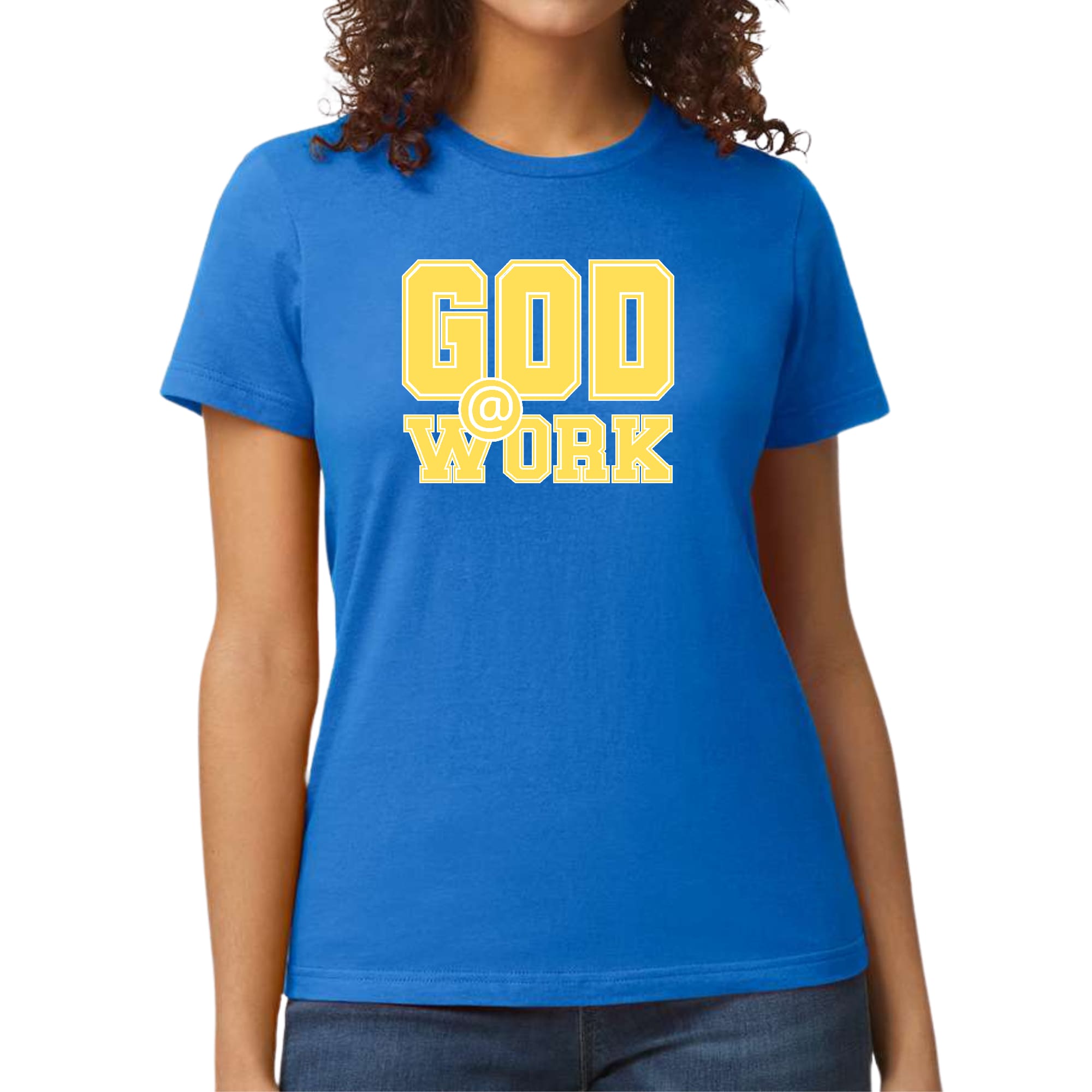 A vibrant yellow and white women's graphic t-shirt featuring the text 'God @ Work', showcasing artistic design and fitted style.