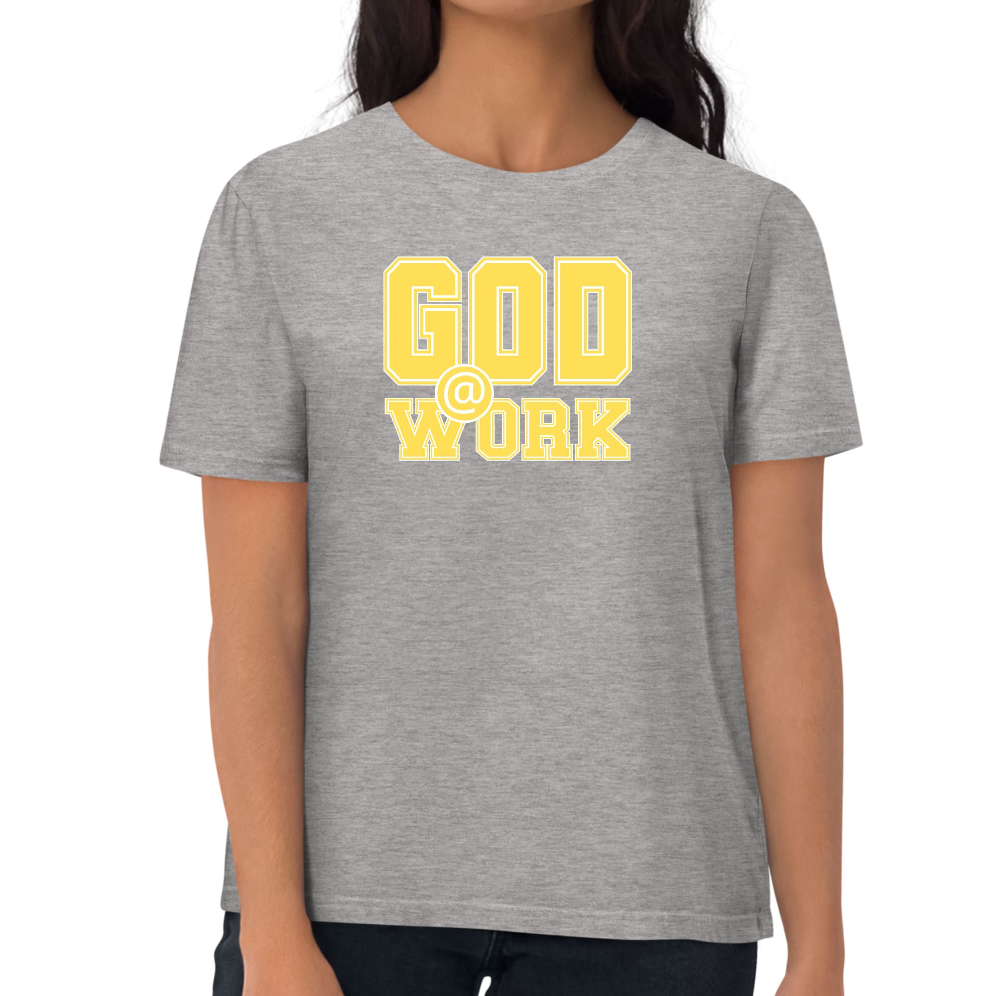 A vibrant yellow and white women's graphic t-shirt featuring the text 'God @ Work', showcasing artistic design and fitted style.