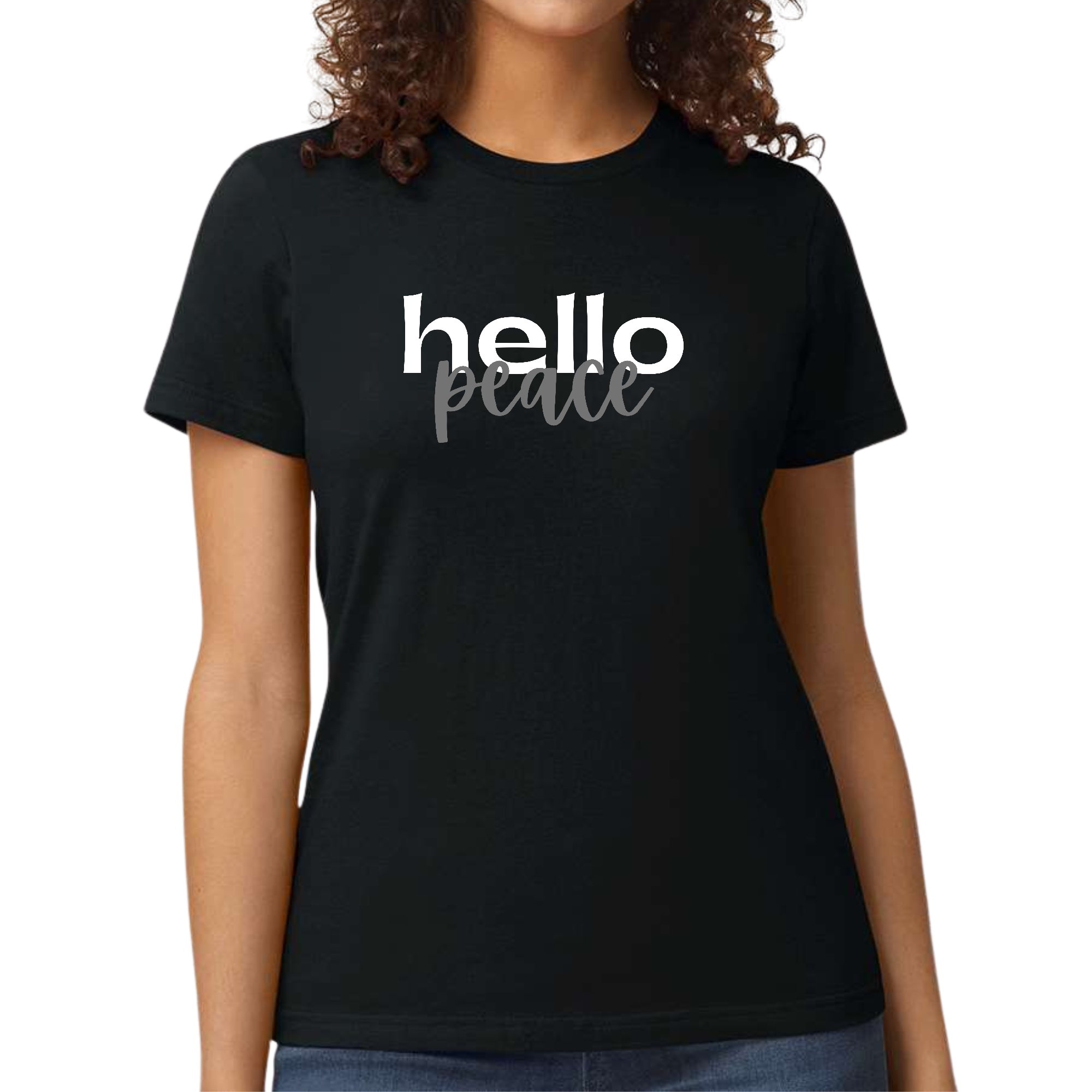 Womens Graphic T-shirt in white and gray featuring the Hello Peace design, showcasing a modern and artistic style.