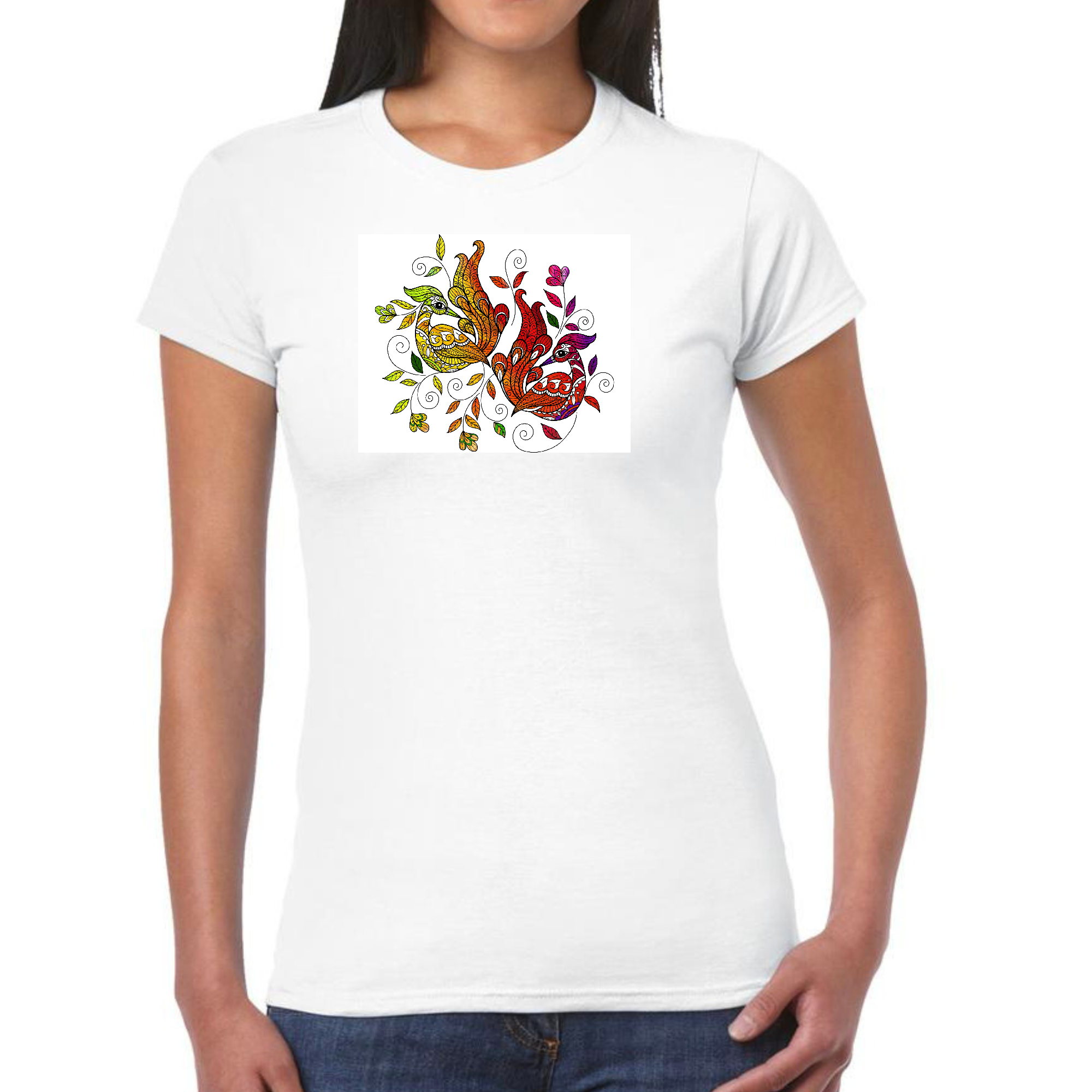 Women's Graphic T-shirt featuring a vibrant Wild Peacock print, showcasing artistic expression and individuality.