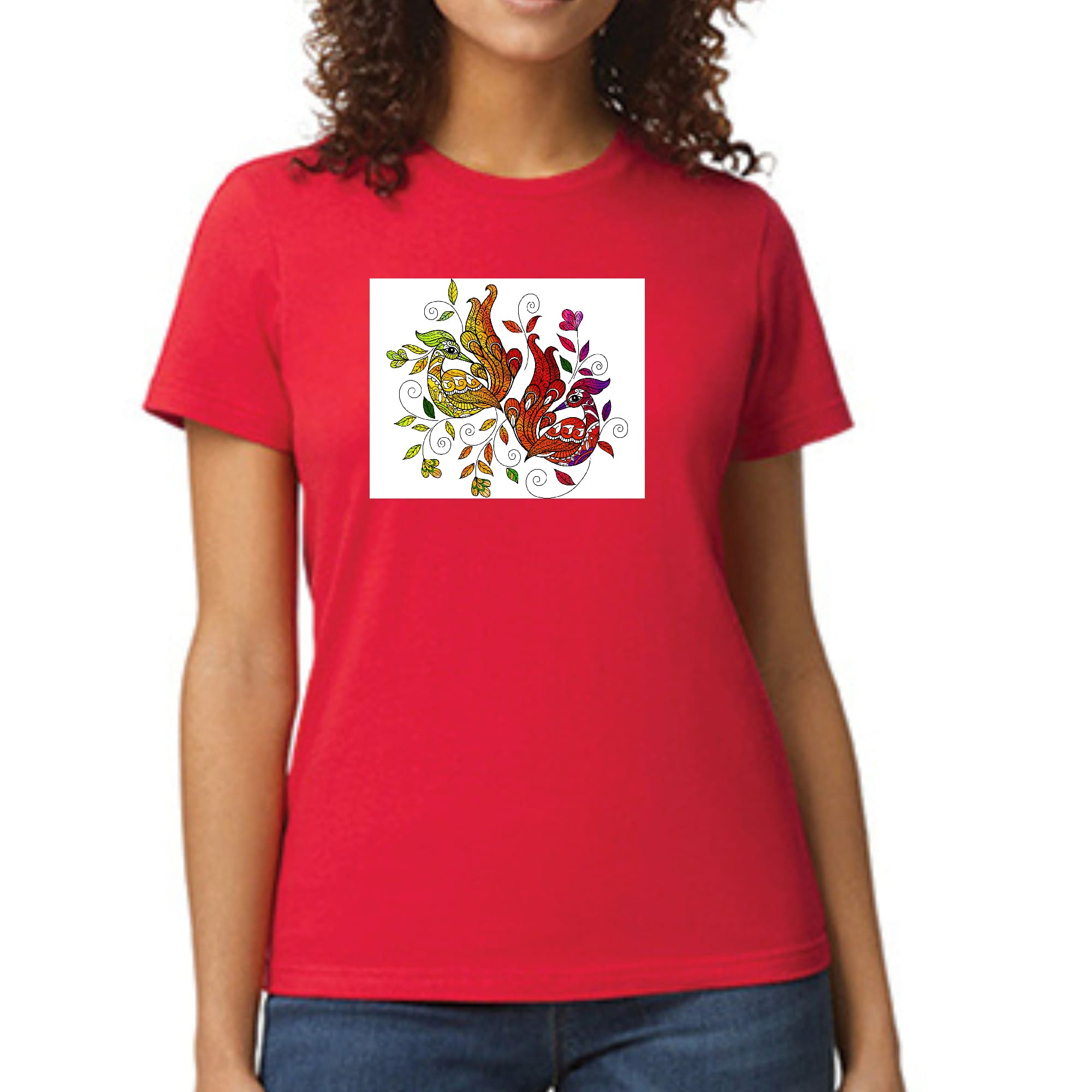 Women's Graphic T-shirt featuring a vibrant Wild Peacock print, showcasing artistic expression and individuality.