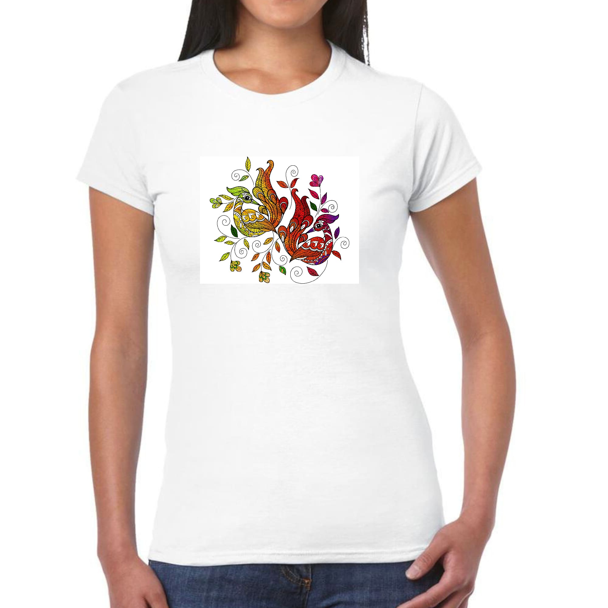 Women's Graphic T-shirt with Wild Peacock Print and 'I Shall Not Be Weary' text, showcasing vibrant colors and artistic design.