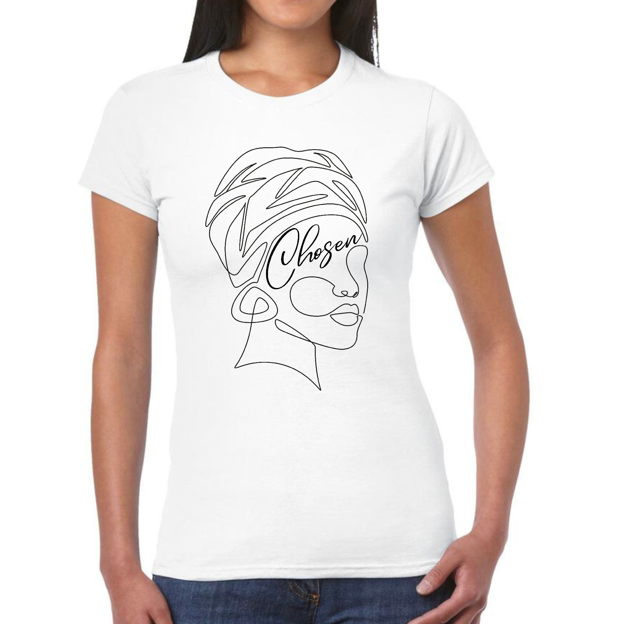 A stylish women's graphic t-shirt featuring 'Chosen' Black Woman Line Art, showcasing artistic expression and self-worth.