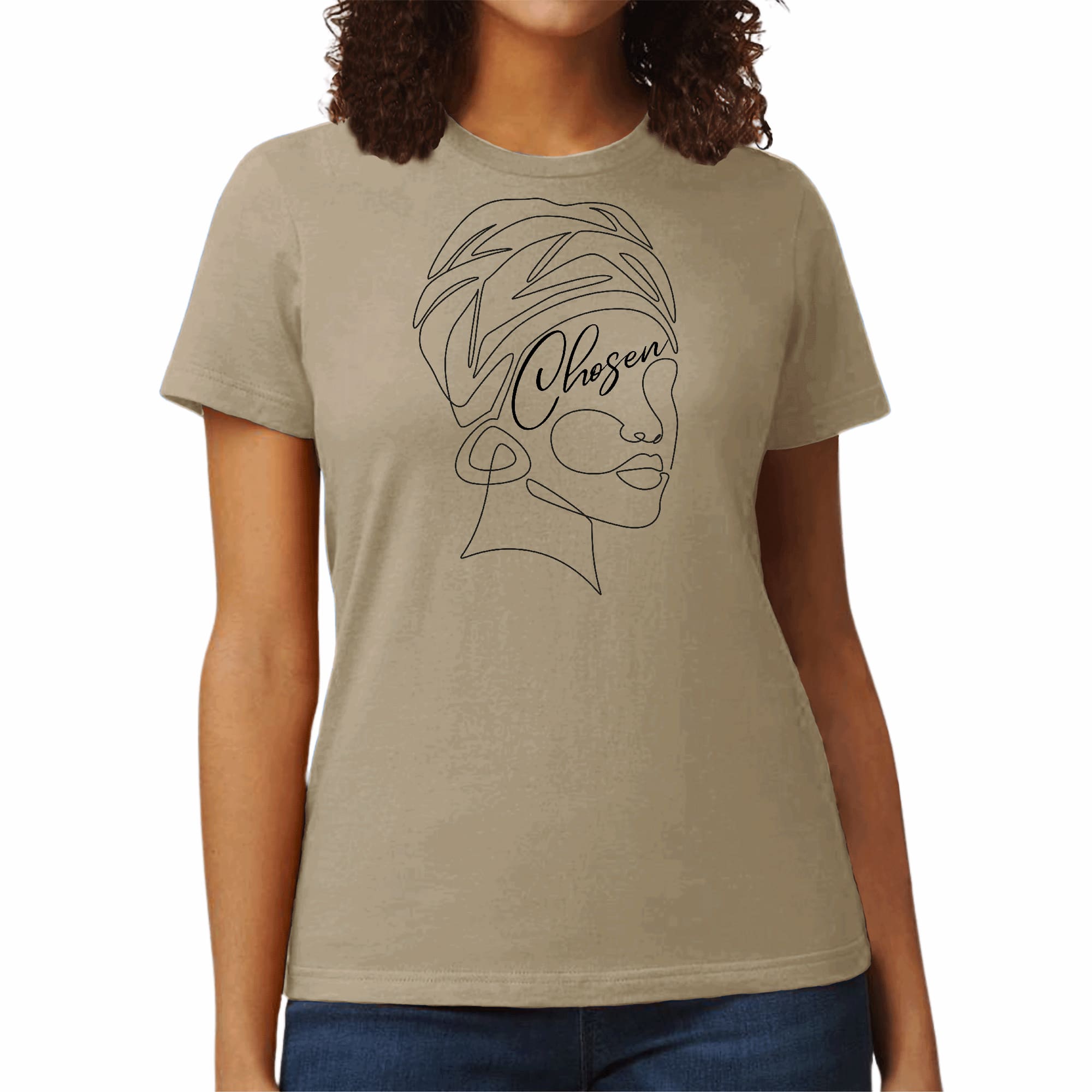 A stylish women's graphic t-shirt featuring 'Chosen' Black Woman Line Art, showcasing artistic expression and self-worth.