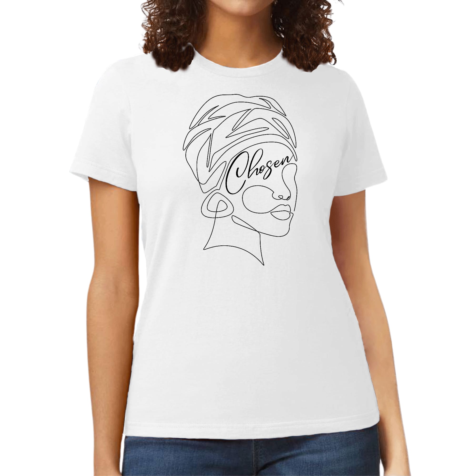 A stylish women's graphic t-shirt featuring 'Chosen' Black Woman Line Art, showcasing artistic expression and self-worth.