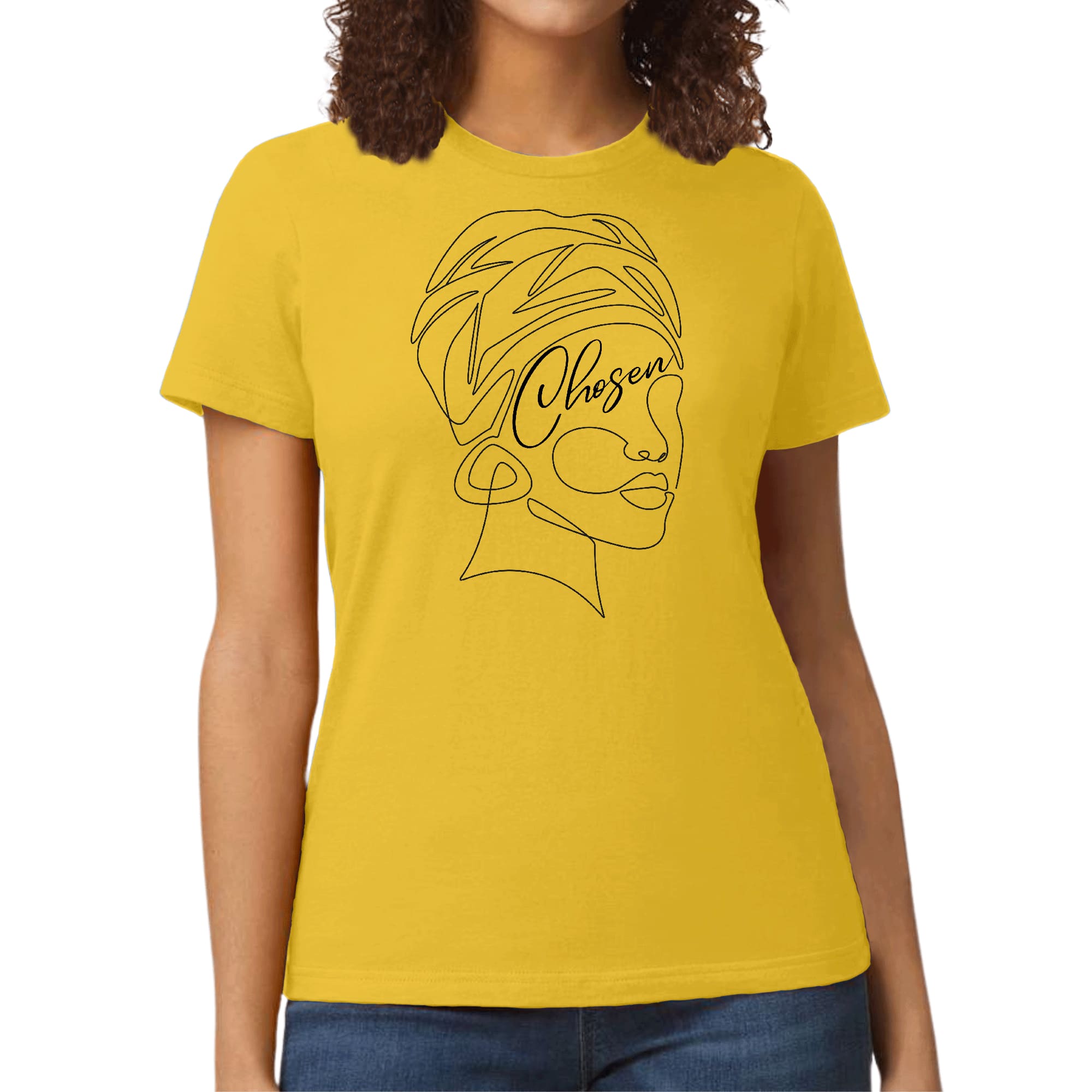 A stylish women's graphic t-shirt featuring 'Chosen' Black Woman Line Art, showcasing artistic expression and self-worth.