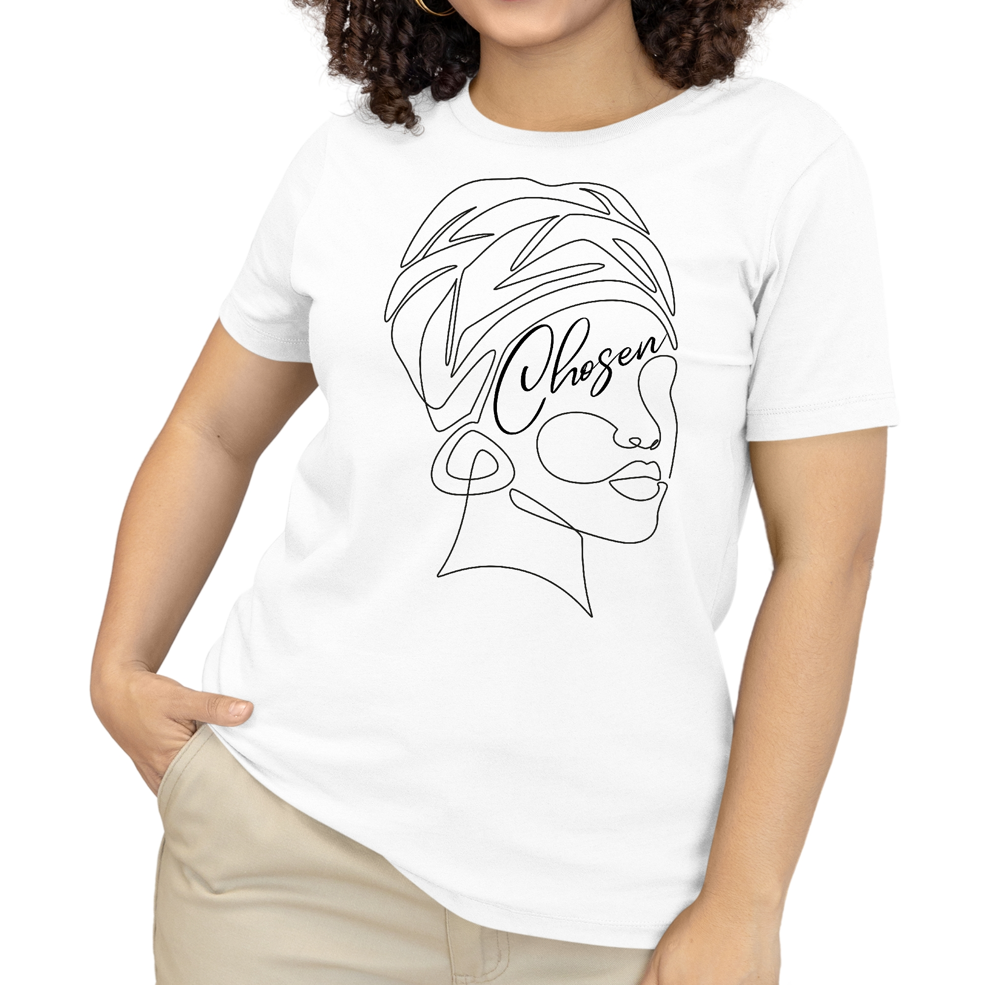 Say It Soul 'Chosen' Women's Graphic T-shirt featuring Black woman line art design on a black background, showcasing comfort and empowerment.