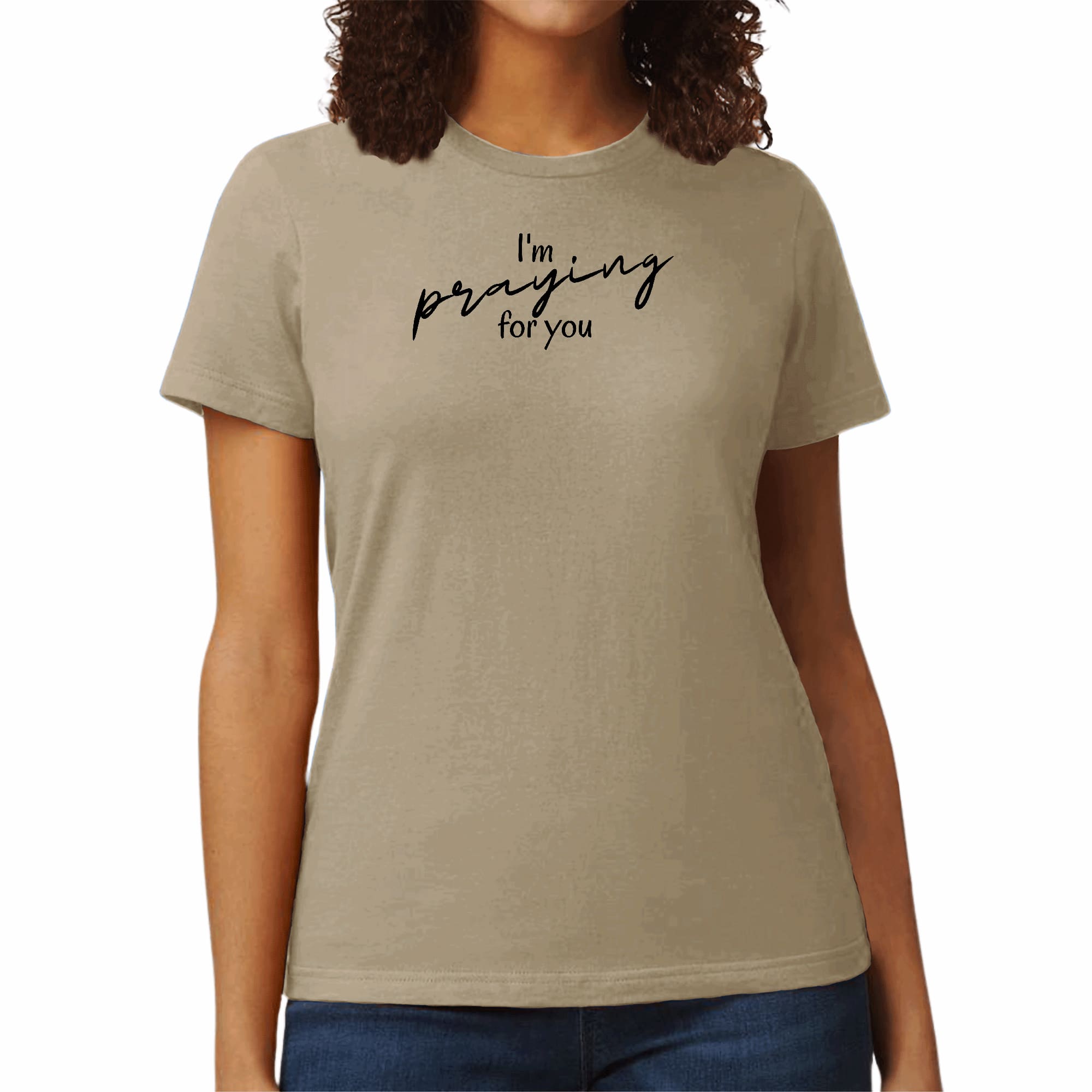 Black Women's Graphic T-shirt featuring 'Say it Soul, I'm Praying' illustration, made from soft preshrunk cotton.