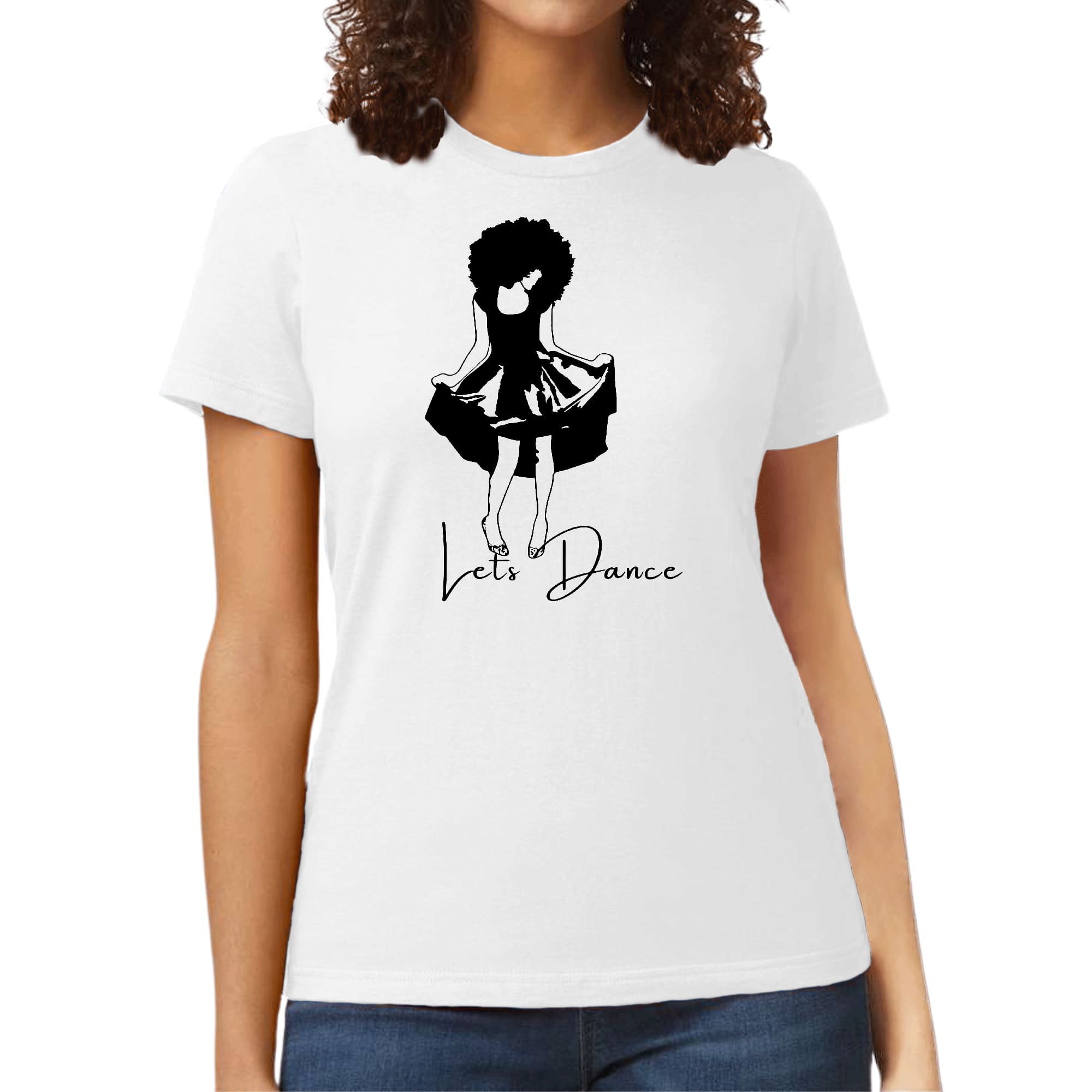 Womens Graphic T-shirt featuring a black line art print with the phrase 'Say It Soul, Lets Dance', showcasing artistic design and comfortable fit.