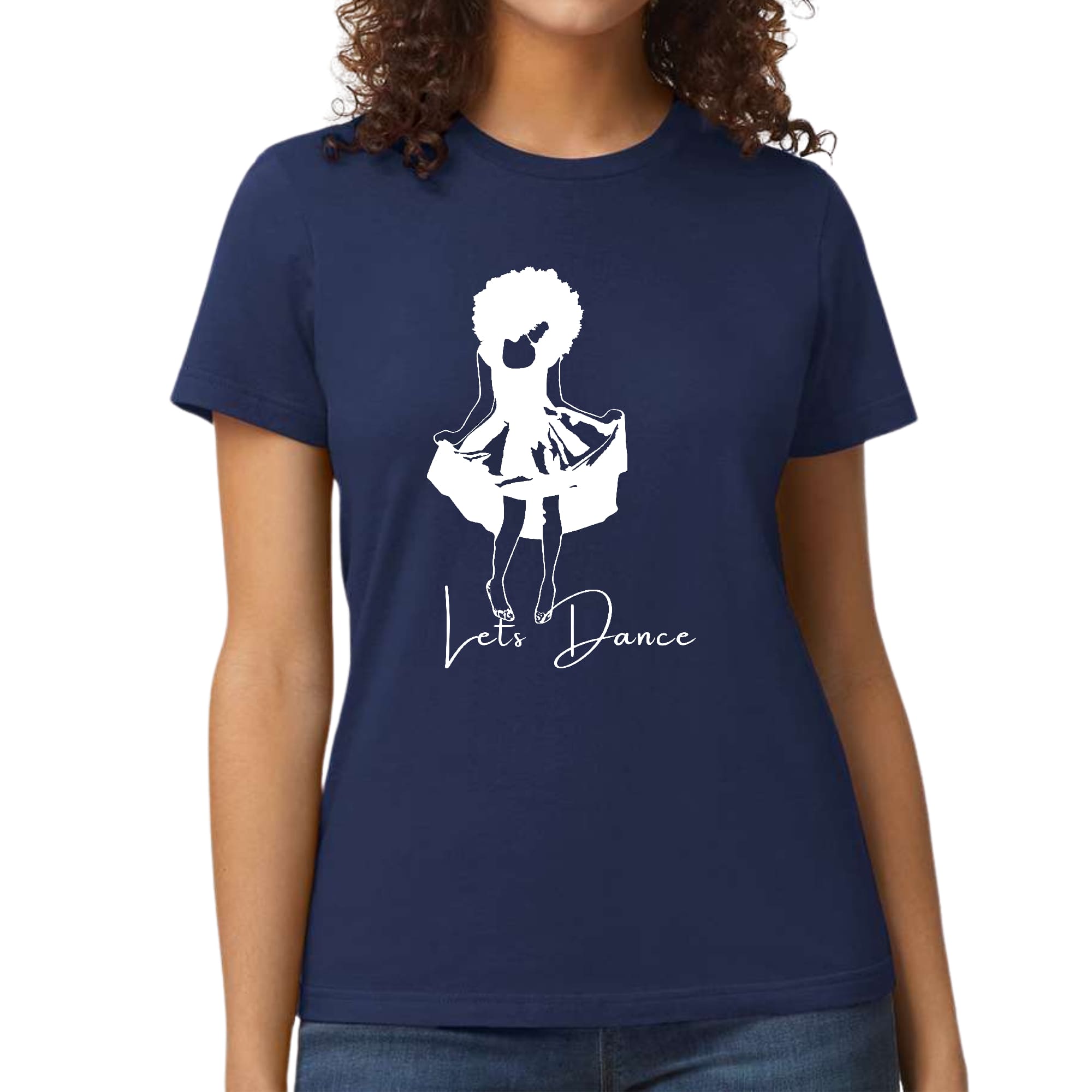 Womens Graphic T-shirt with 'Say it Soul, Let's Dance' white line art print on a soft cotton fabric, showcasing a stylish and comfortable design.