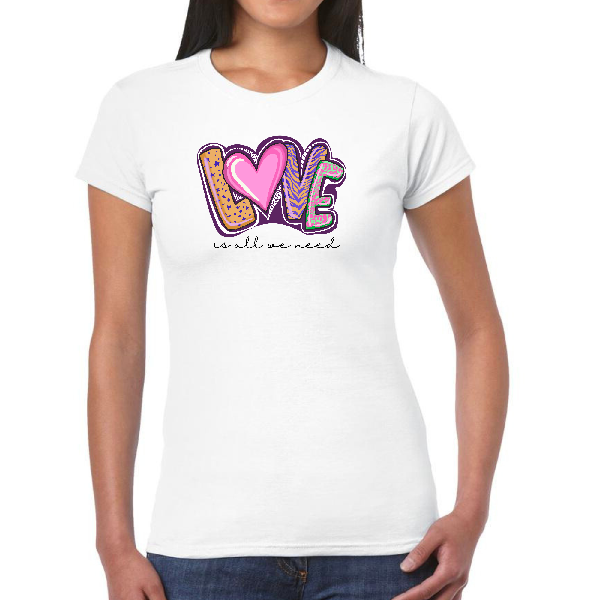 Womens Graphic T-shirt Say it Soul featuring the phrase 'Love is All We Need' in a vibrant artistic design, made from soft cotton fabric.