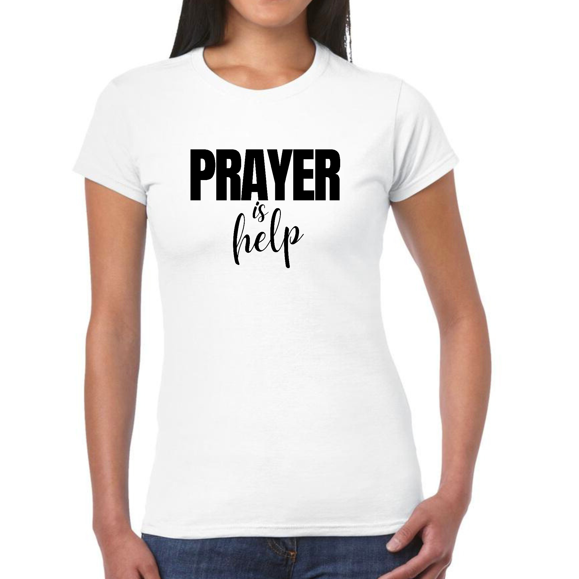 Womens Graphic T-shirt featuring the quote 'Prayer is Help', designed for comfort and self-expression, made from soft cotton fabric.