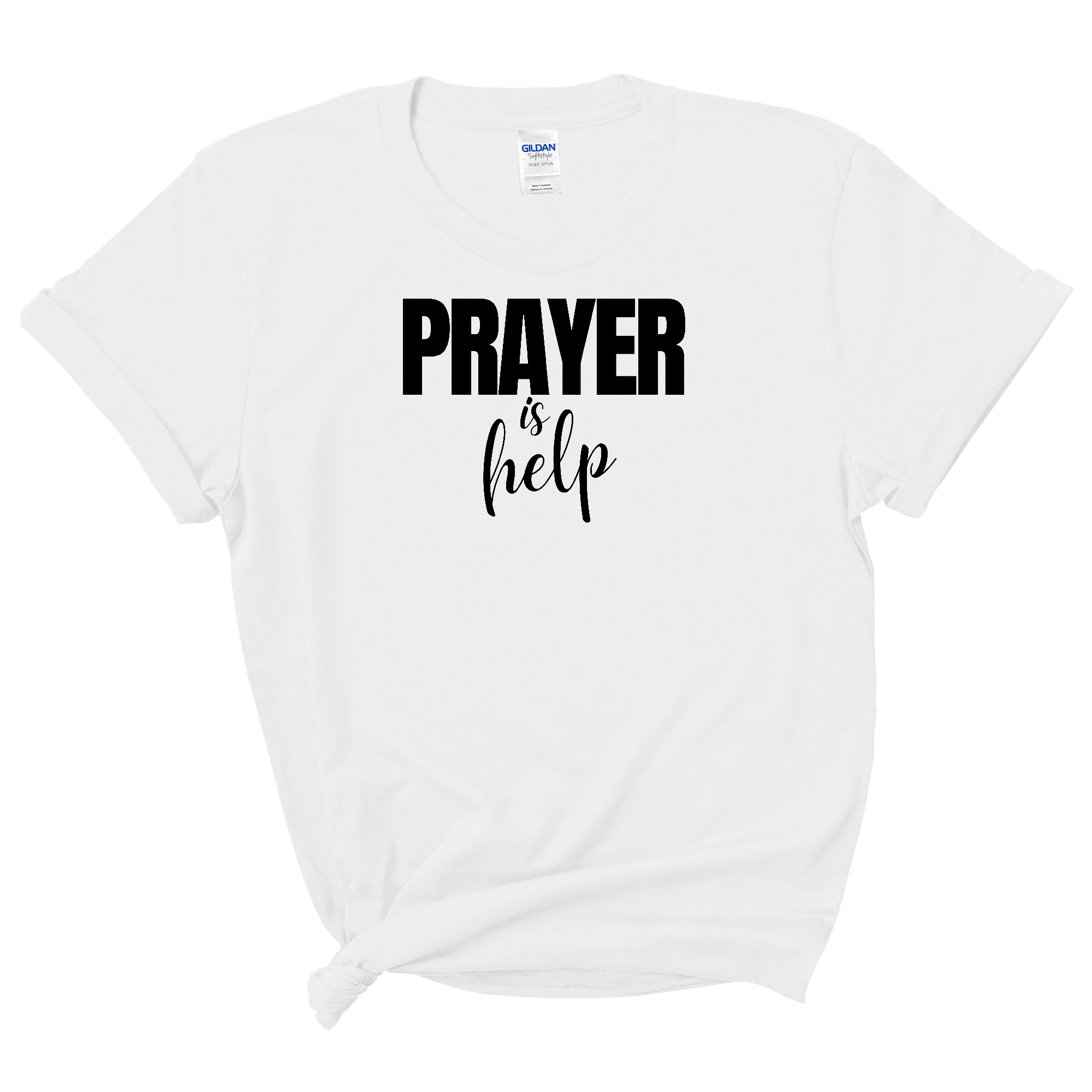 Women's Graphic T-shirt featuring the quote 'Prayer is Help' in a stylish design, made from soft preshrunk cotton.