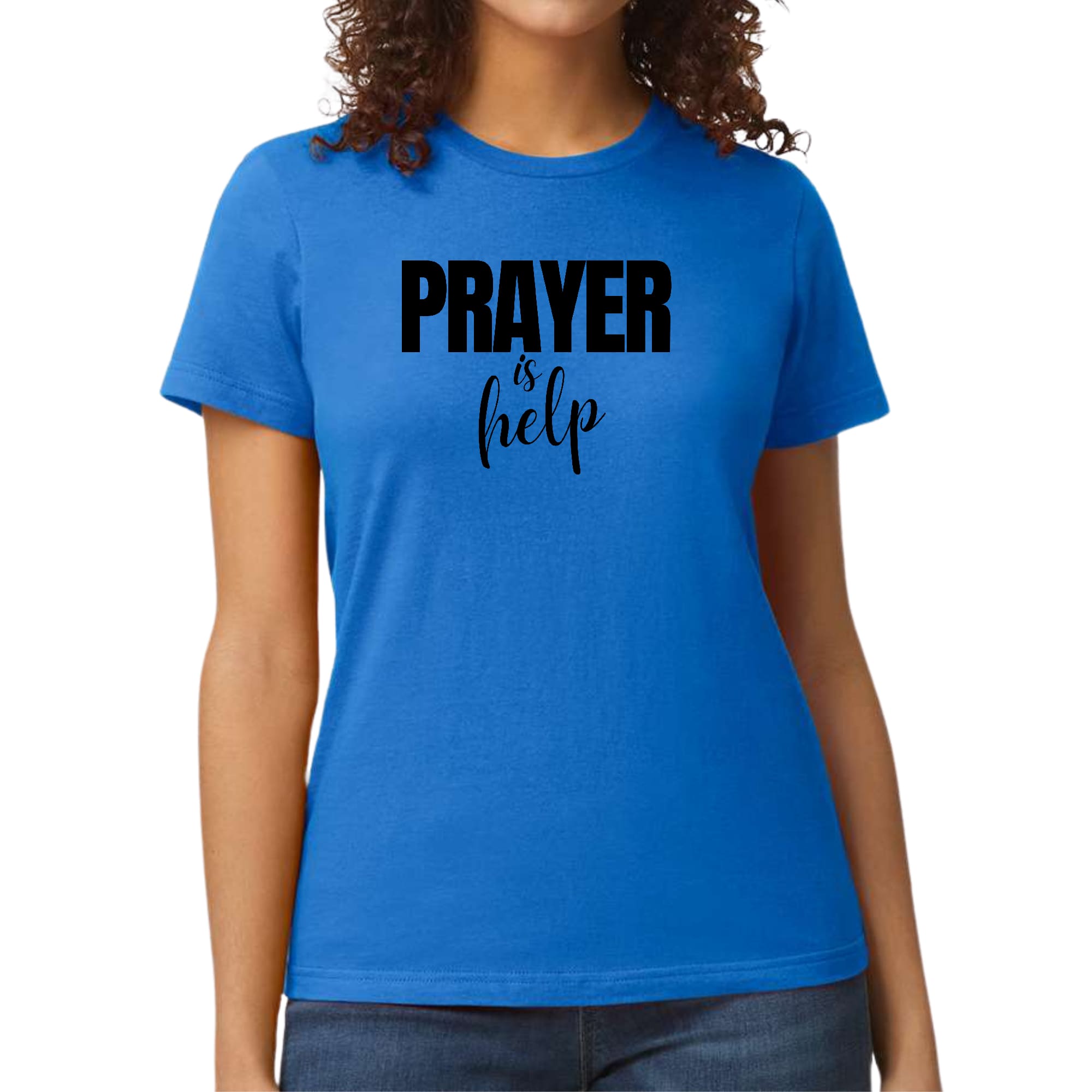 Women's Graphic T-shirt featuring the quote 'Prayer is Help' in a stylish design, made from soft preshrunk cotton.