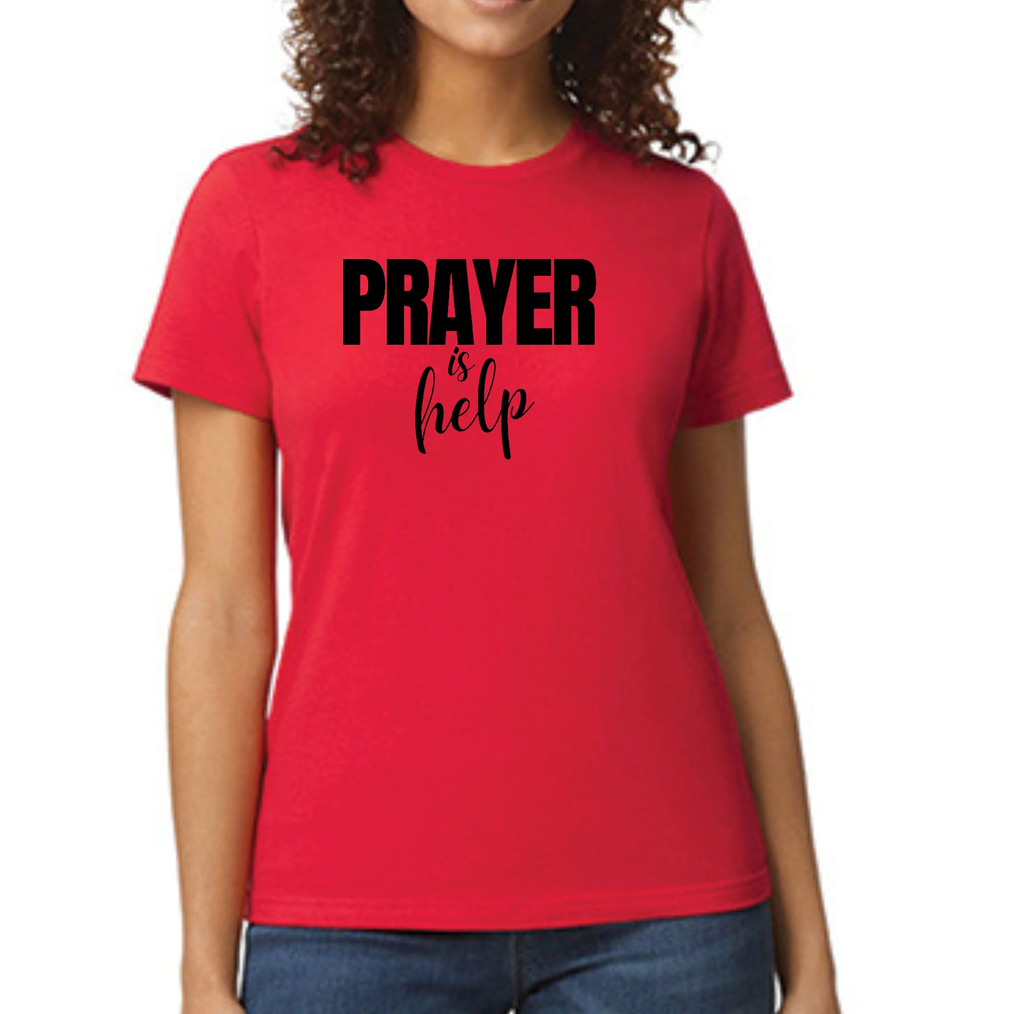 Women's Graphic T-shirt featuring the quote 'Prayer is Help' in a stylish design, made from soft preshrunk cotton.