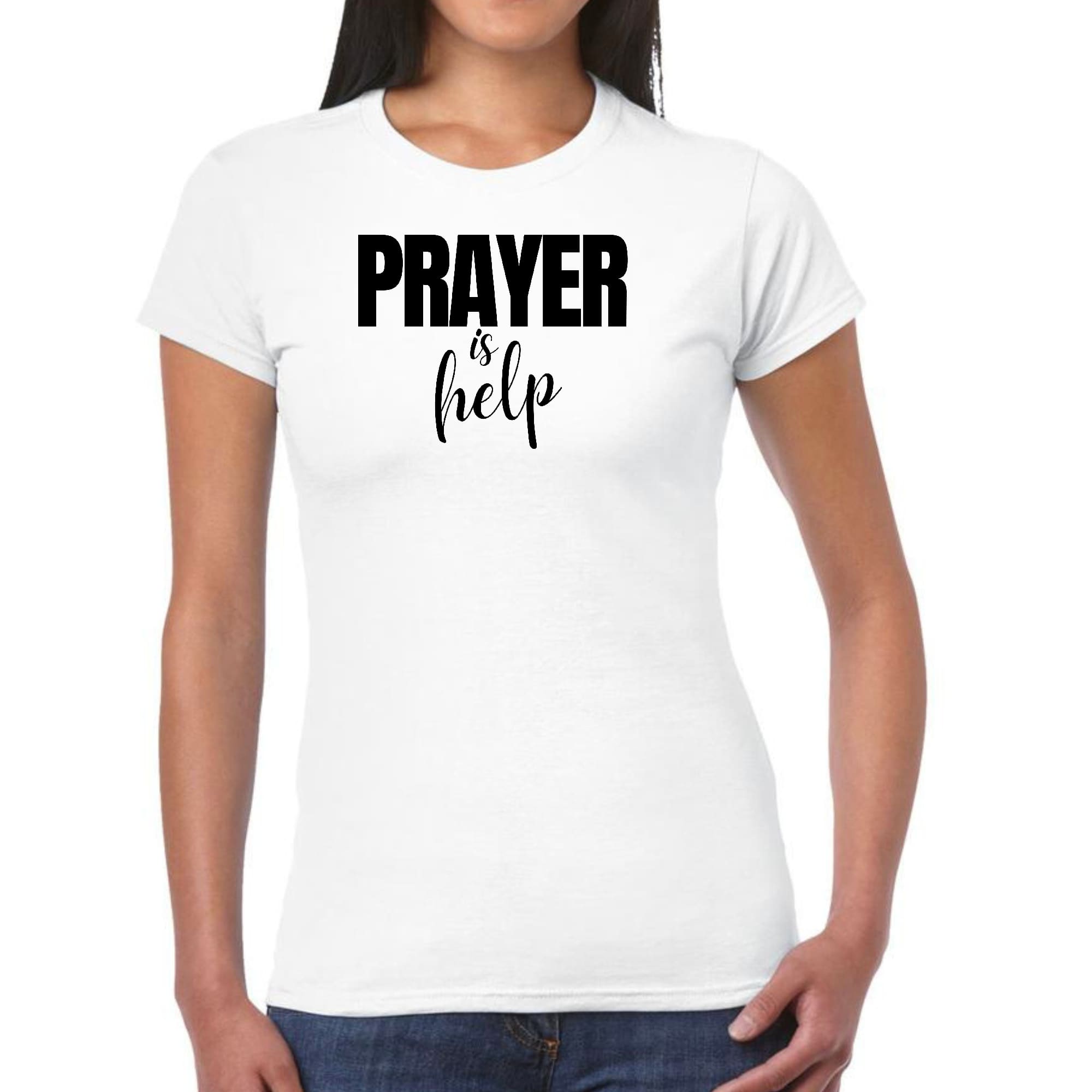 Women's Graphic T-shirt featuring the quote 'Prayer is Help' in a stylish design, made from soft preshrunk cotton.