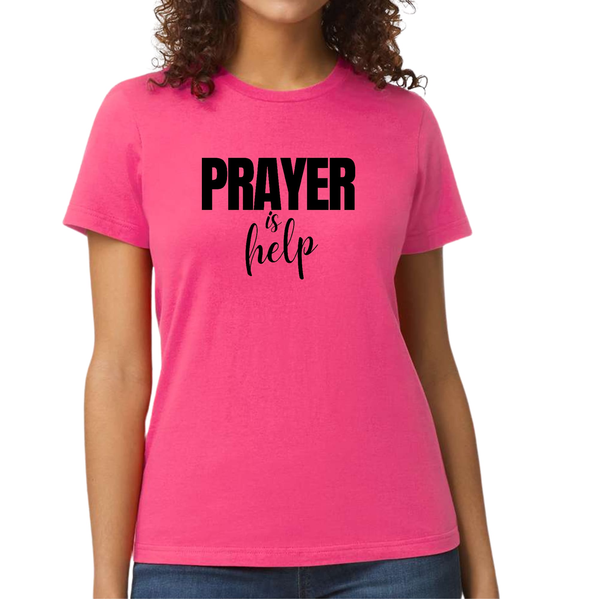 Women's Graphic T-shirt featuring the quote 'Prayer is Help' in a stylish design, made from soft preshrunk cotton.