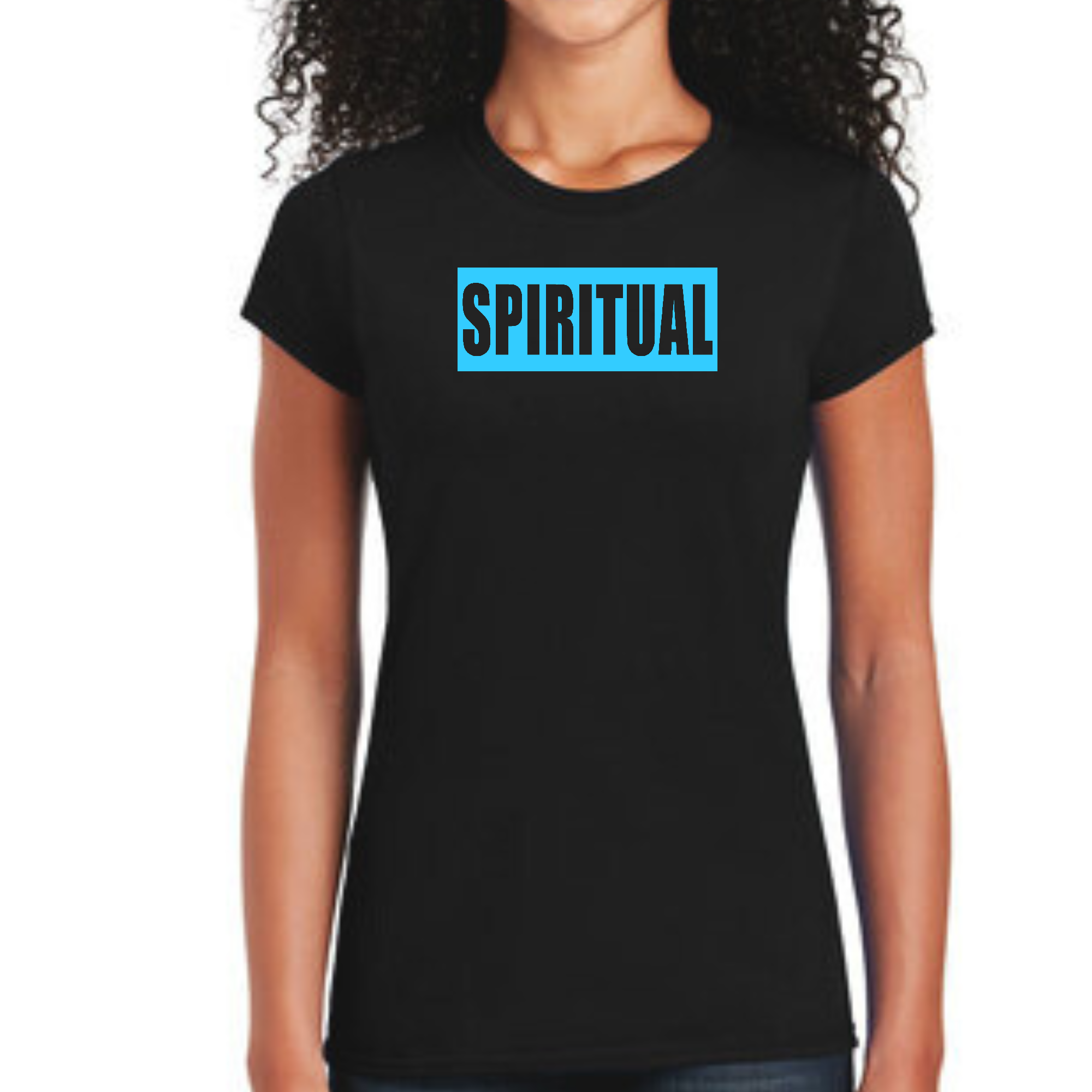 Women's fitted graphic t-shirt in light blue with a spiritual design, showcasing artistic expression and individuality.