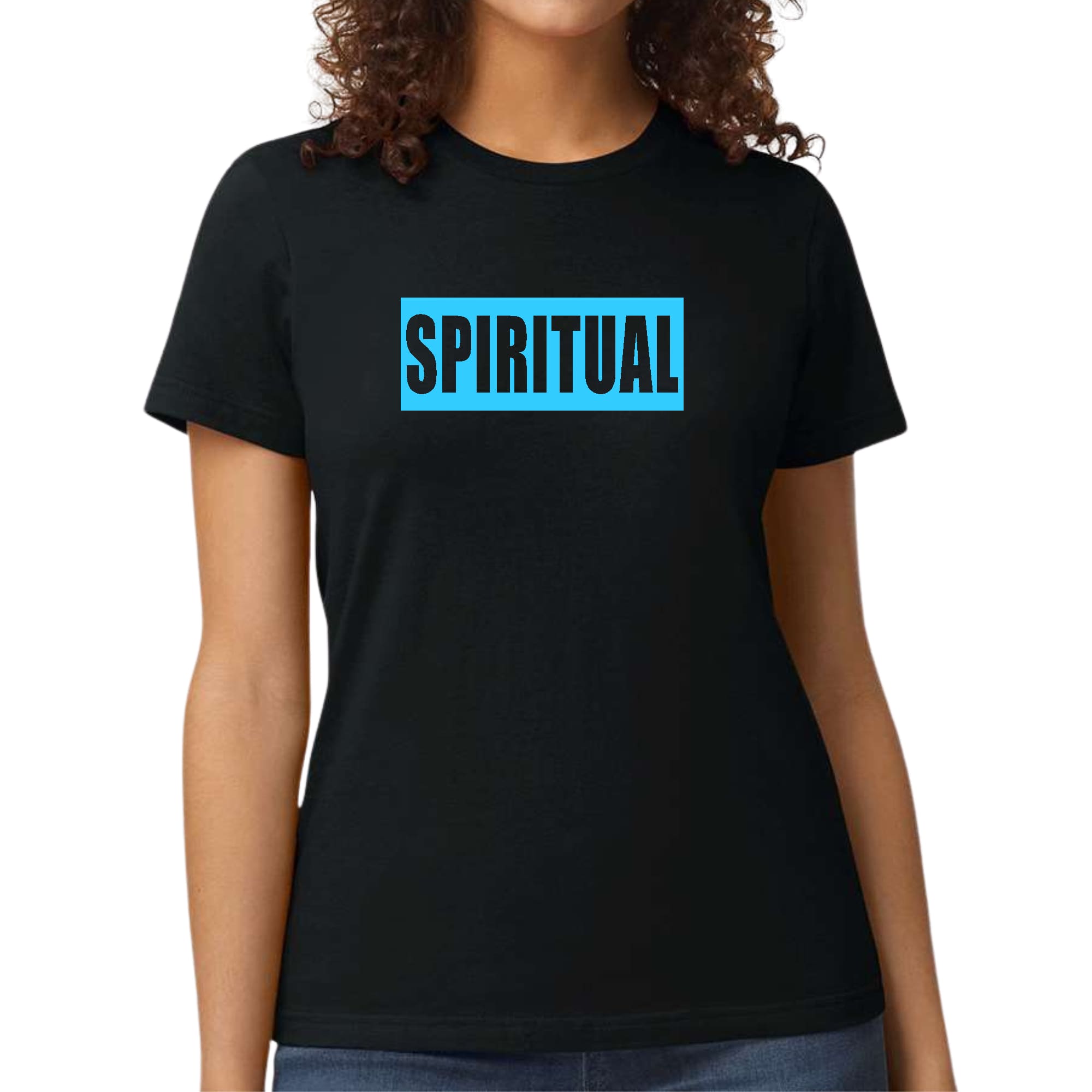 Women's fitted graphic t-shirt in light blue with a spiritual design, showcasing artistic expression and individuality.