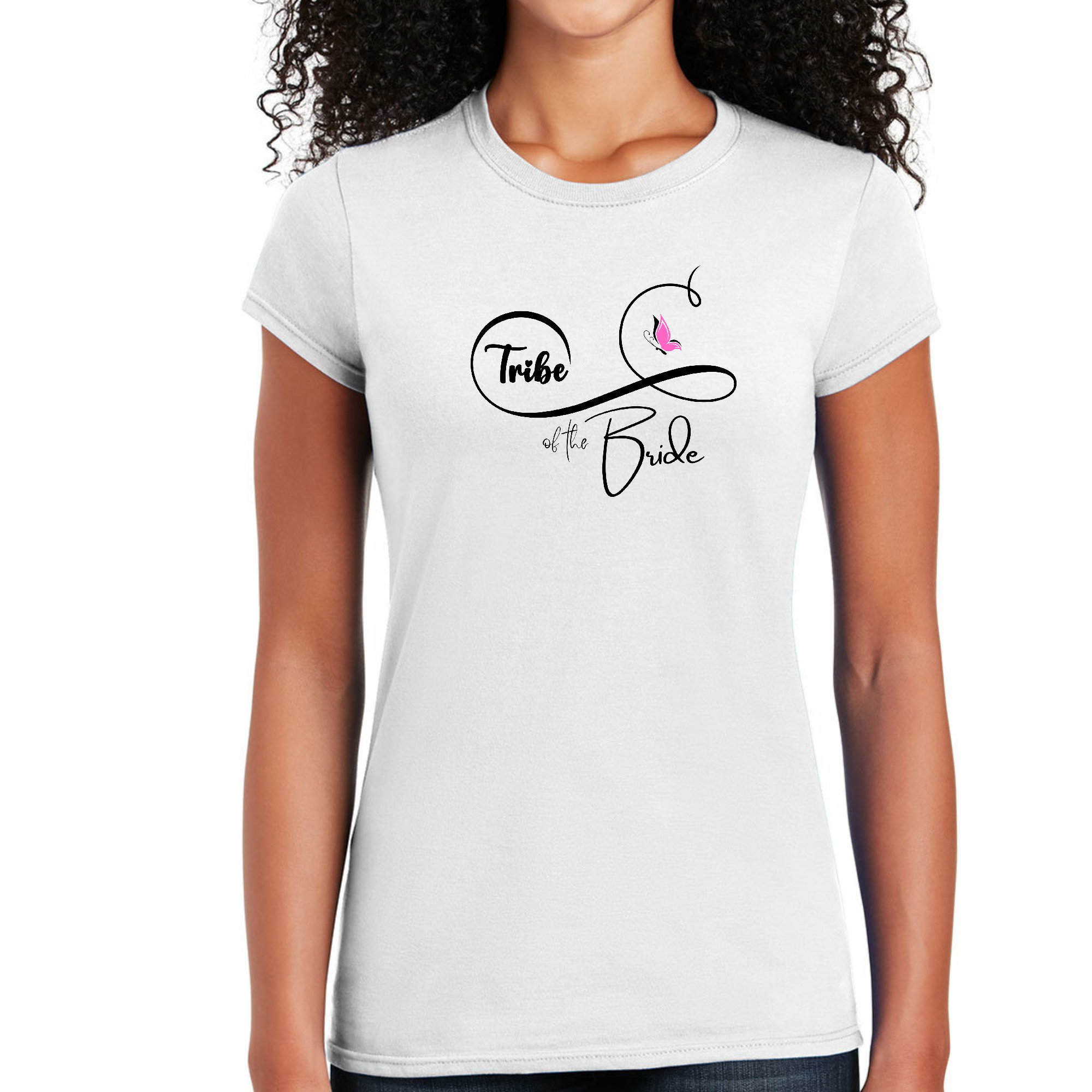 Womens graphic t-shirt featuring a butterfly design with the text 'Tribe of the Bride', perfect for bridal parties.