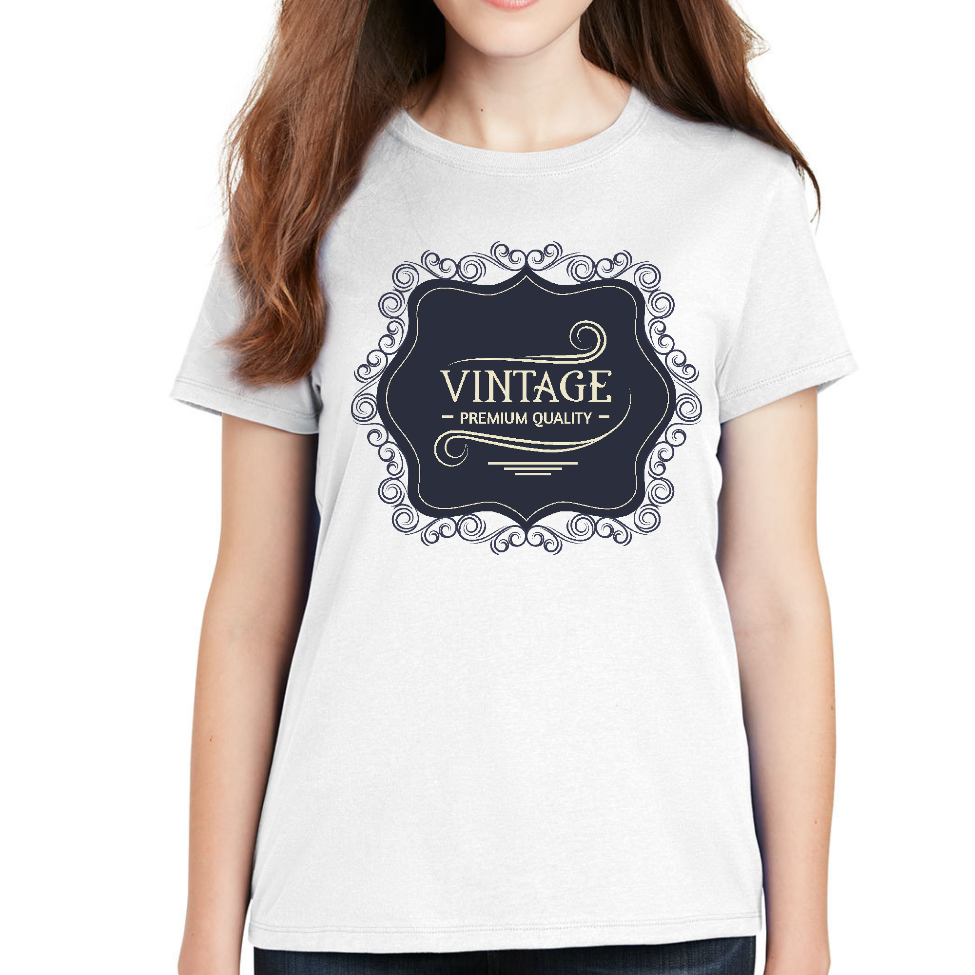 Women's Graphic T-shirt in Vintage Black and Beige, showcasing a stylish design with soft cotton fabric and double-stitched seams.