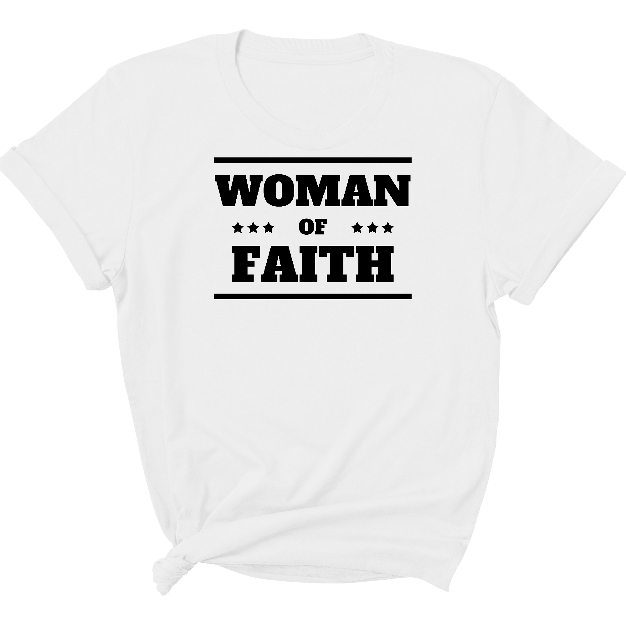 A stylish Women's Graphic T-shirt featuring a black illustration of a Woman of Faith, made from soft preshrunk cotton.