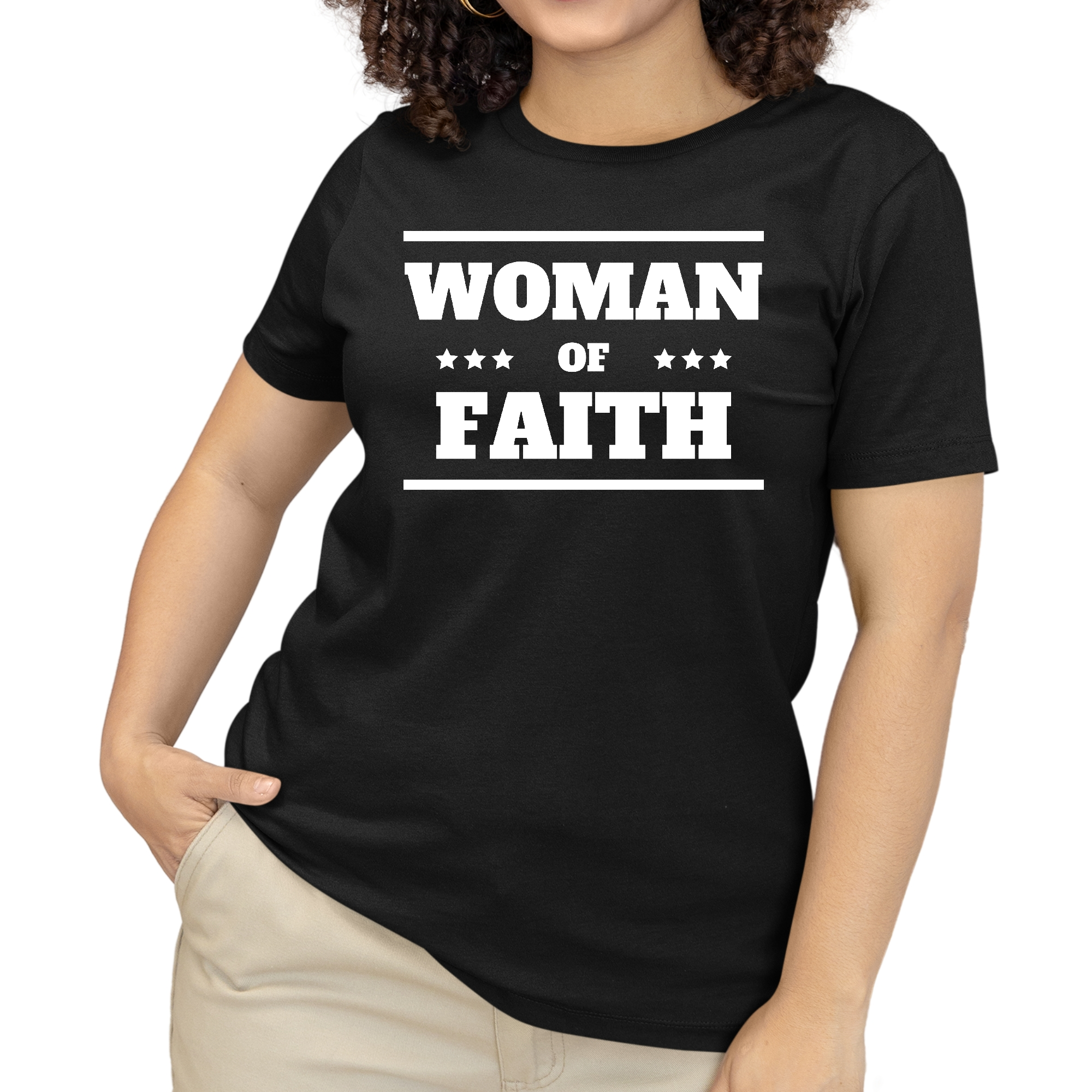 Women's Graphic T-shirt featuring 'Woman of Faith' design, made from soft preshrunk cotton with a classic fit.