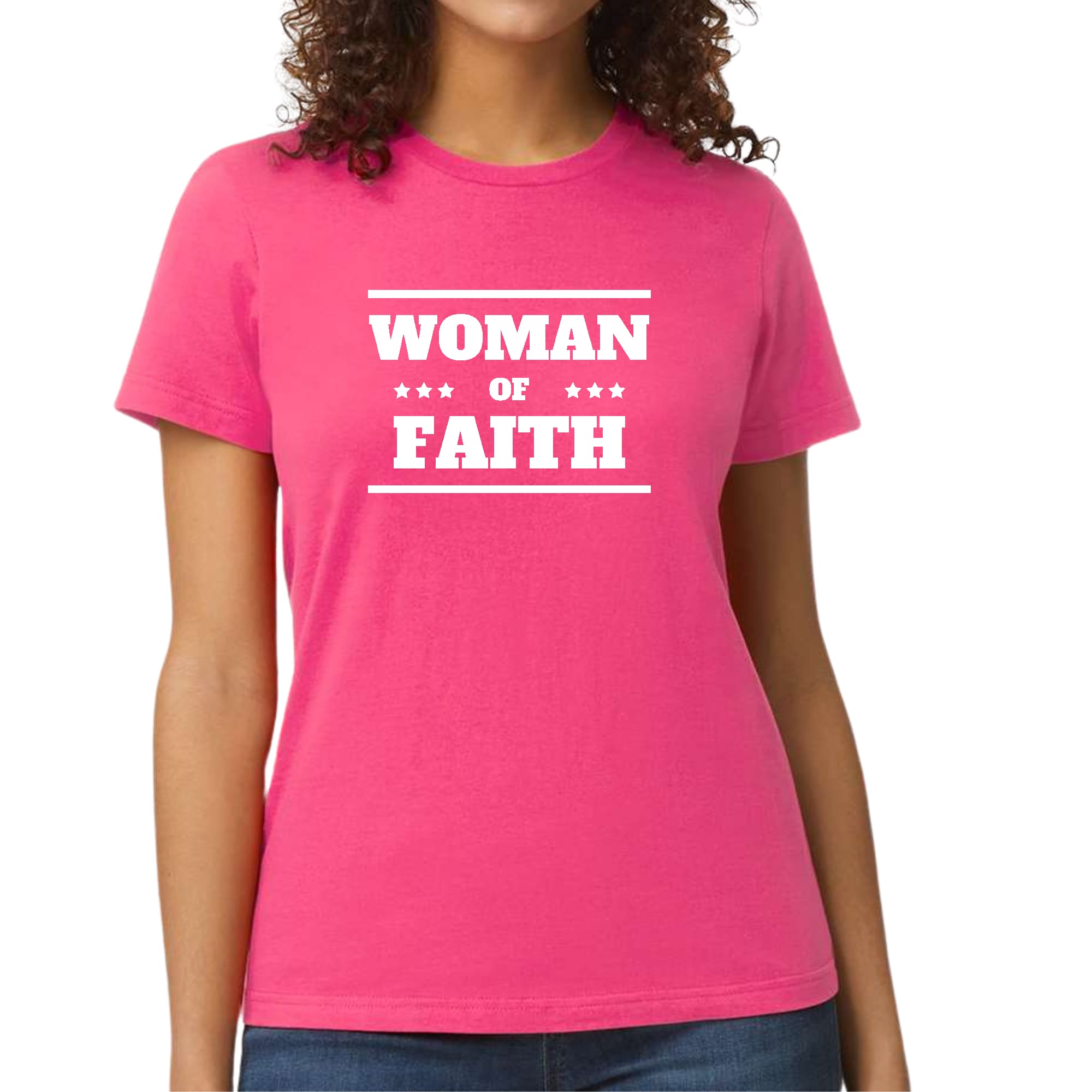 Women's Graphic T-shirt featuring 'Woman of Faith' design, made from soft preshrunk cotton with a classic fit.