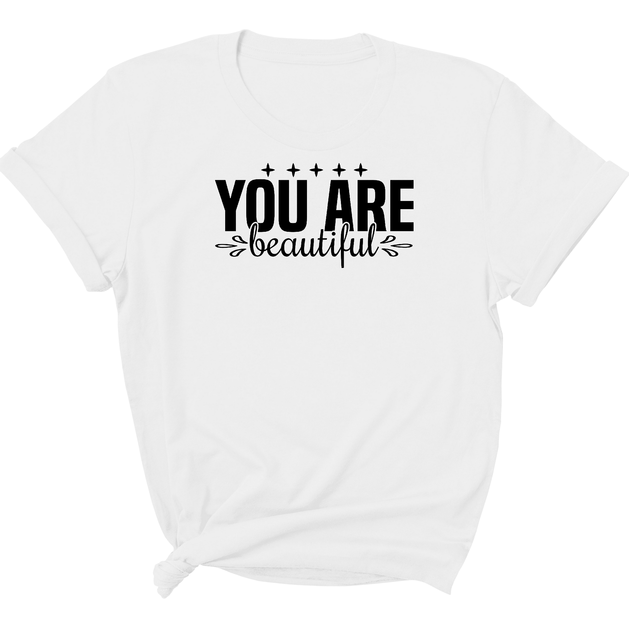 Black women's graphic t-shirt featuring 'You Are Beautiful' inspirational affirmation, made from soft preshrunk cotton.