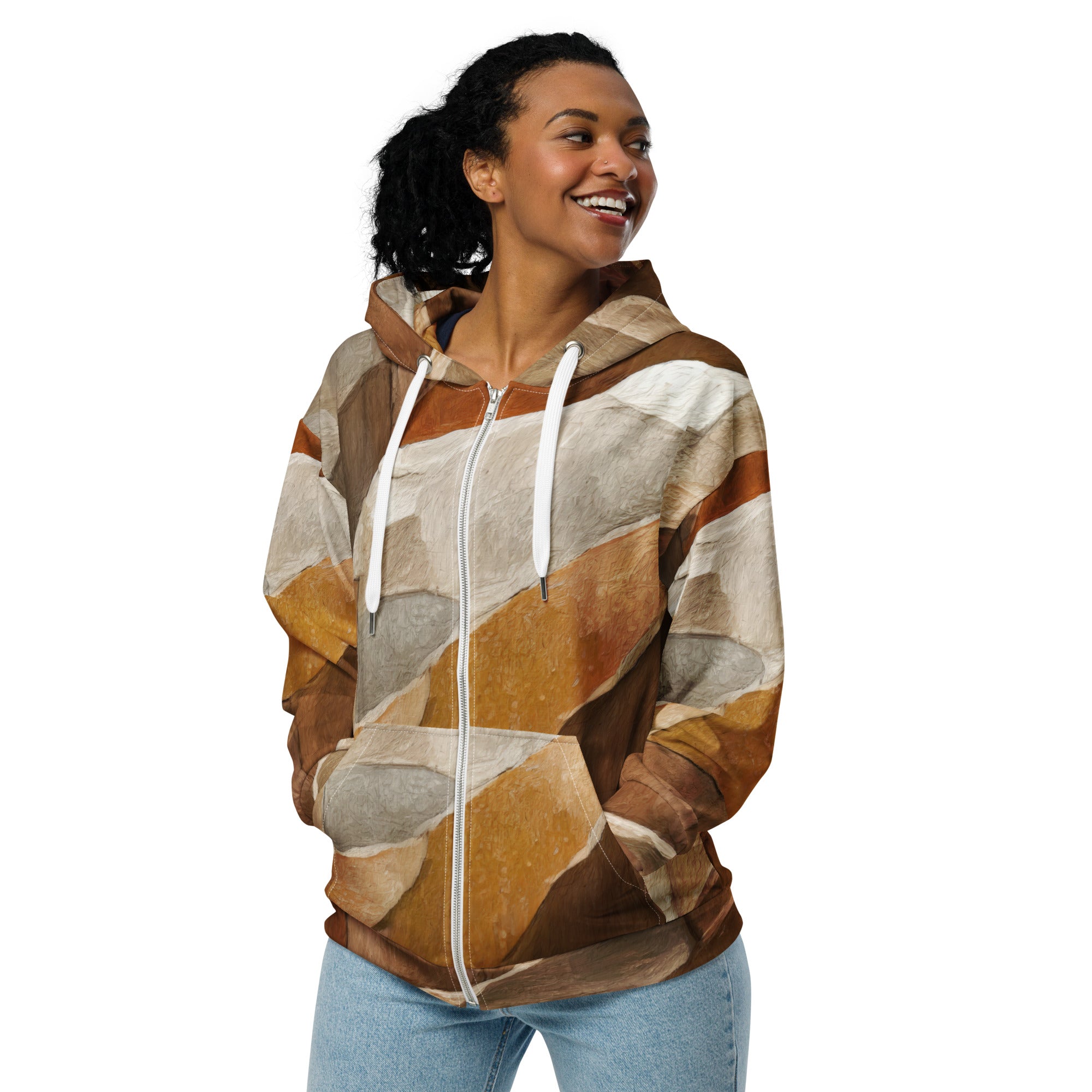 Womens Graphic Zip Hoodie featuring an Abstract Stone Pattern, showcasing a stylish design with a double-lined hood and premium metal zipper.