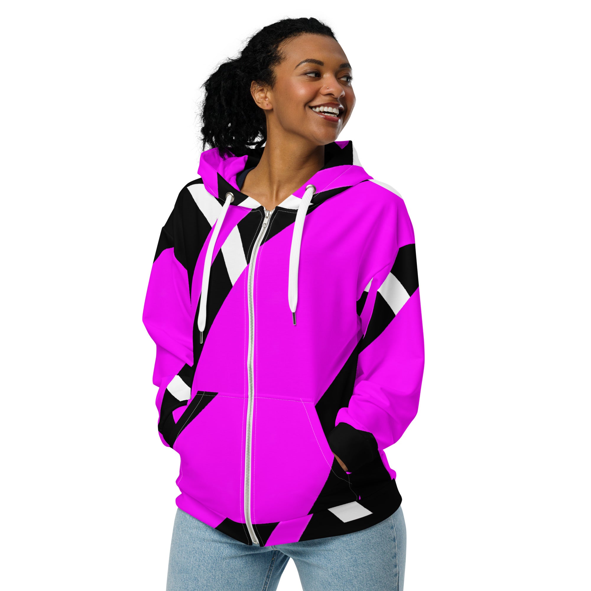 Womens Graphic Zip Hoodie featuring a black and pink pattern, showcasing a relaxed fit with drop shoulders and a double-lined hood.