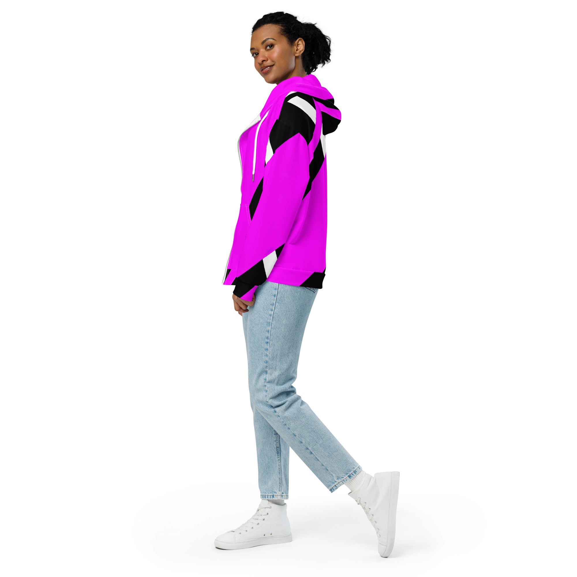 Womens Graphic Zip Hoodie featuring a black and pink pattern, showcasing a relaxed fit with drop shoulders and a double-lined hood.