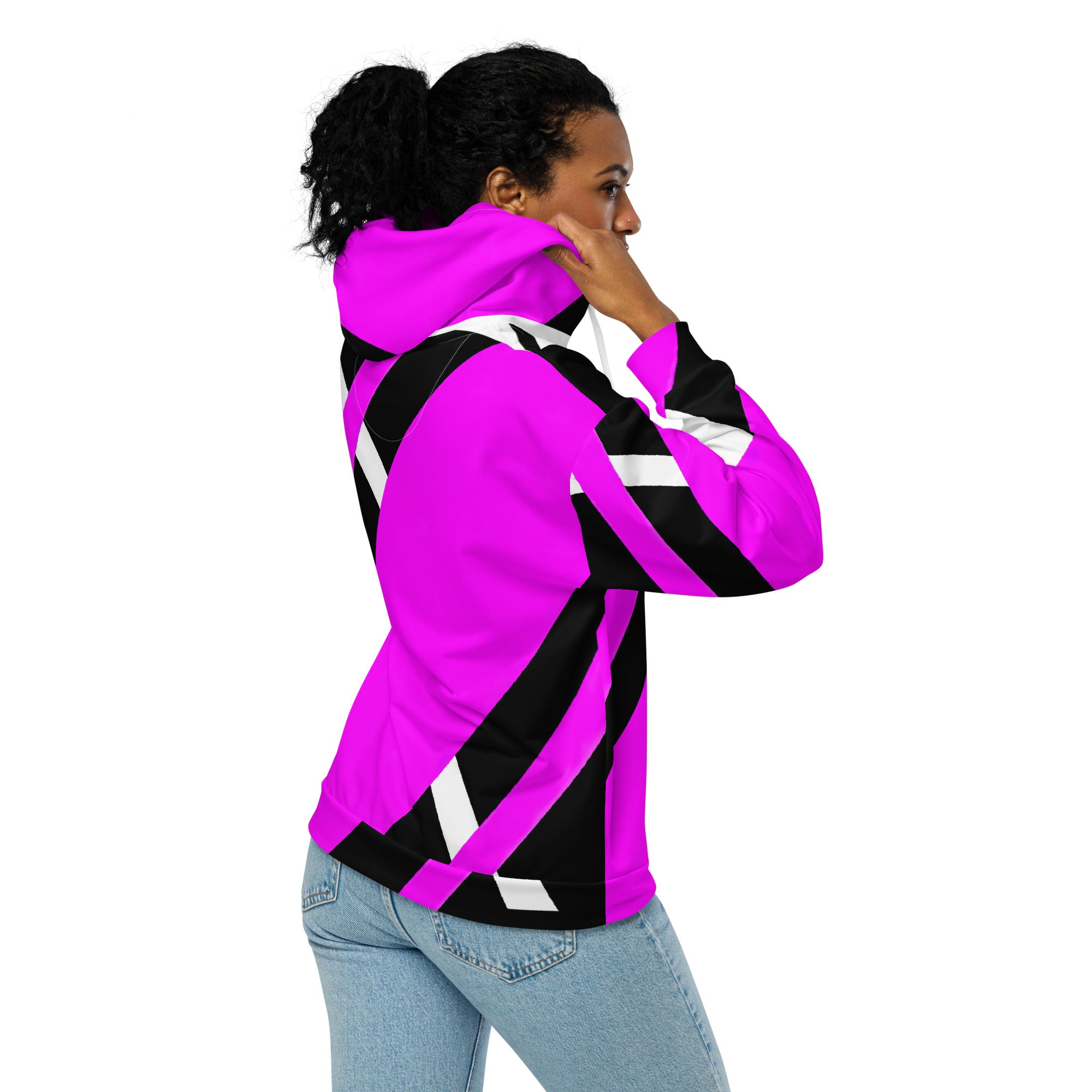 Womens Graphic Zip Hoodie featuring a black and pink pattern, showcasing a relaxed fit with drop shoulders and a double-lined hood.