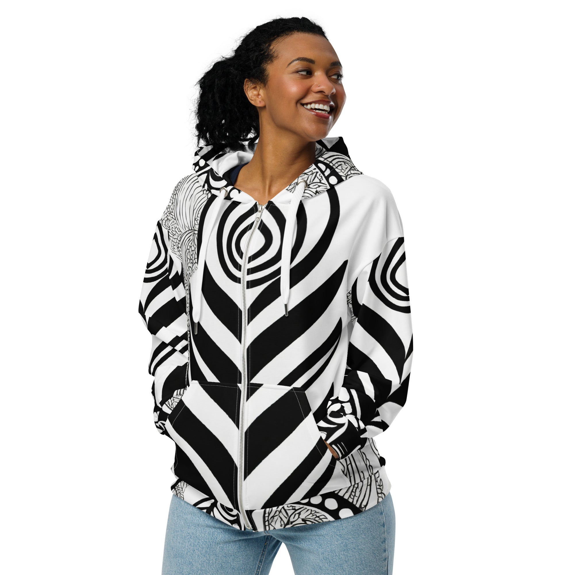 Womens Graphic Zip Hoodie featuring black floral line art print, showcasing a relaxed fit and double-lined hood.