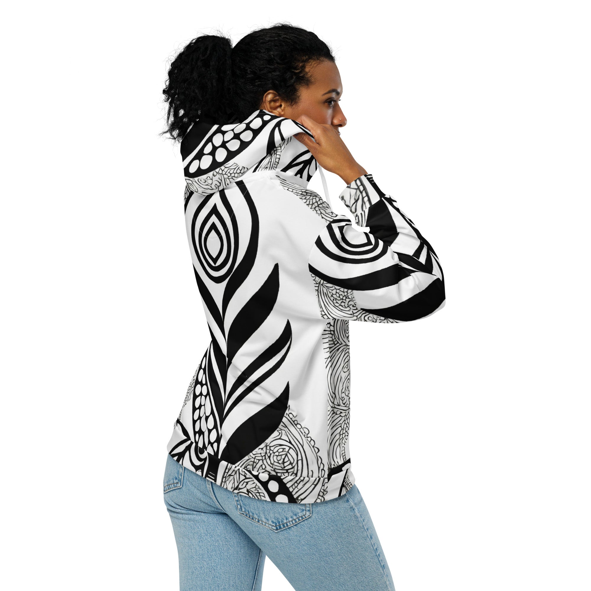 Womens Graphic Zip Hoodie featuring black floral line art print, showcasing a relaxed fit and double-lined hood.