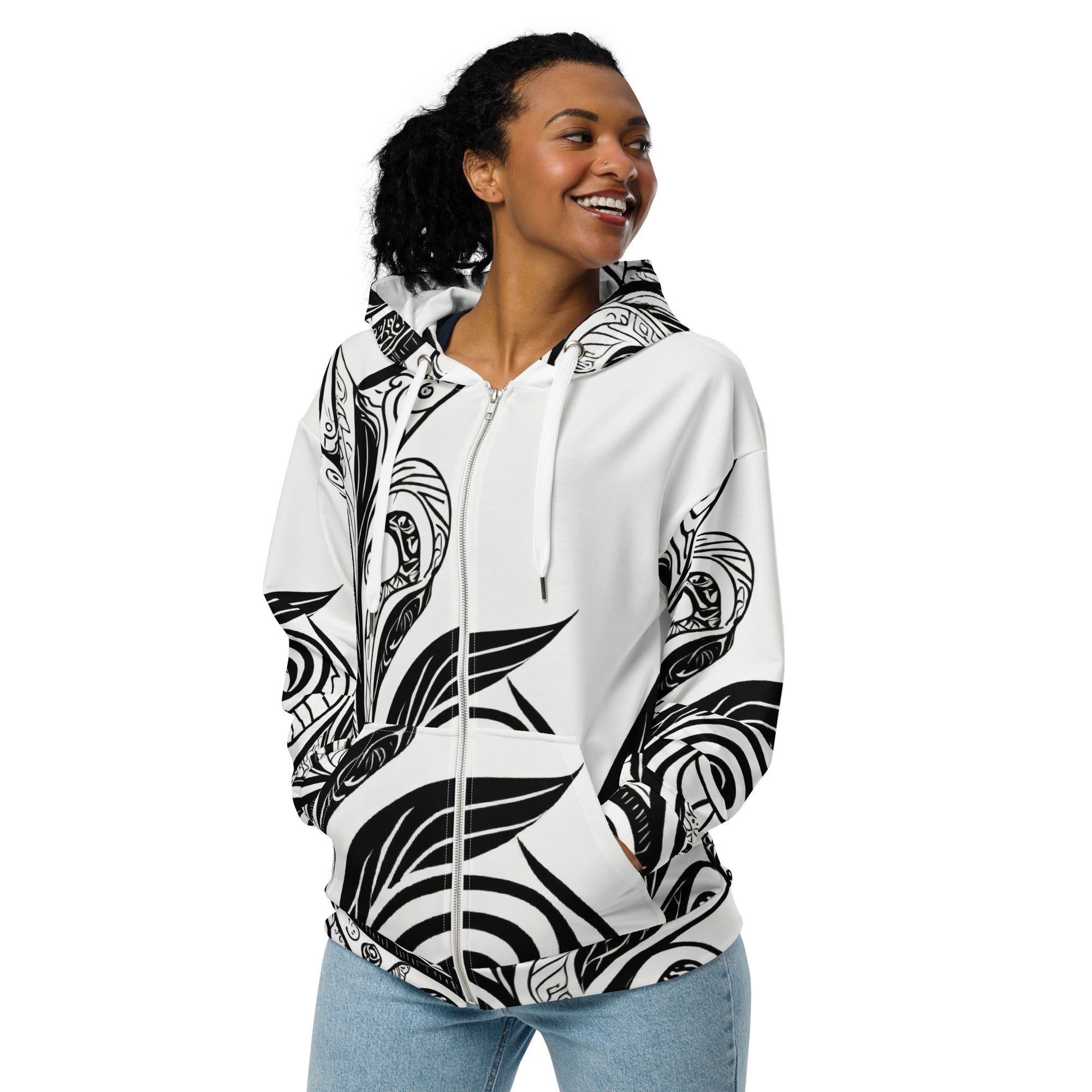 Womens Graphic Zip Hoodie featuring black floral line art print, showcasing a stylish design with a relaxed fit and premium details.