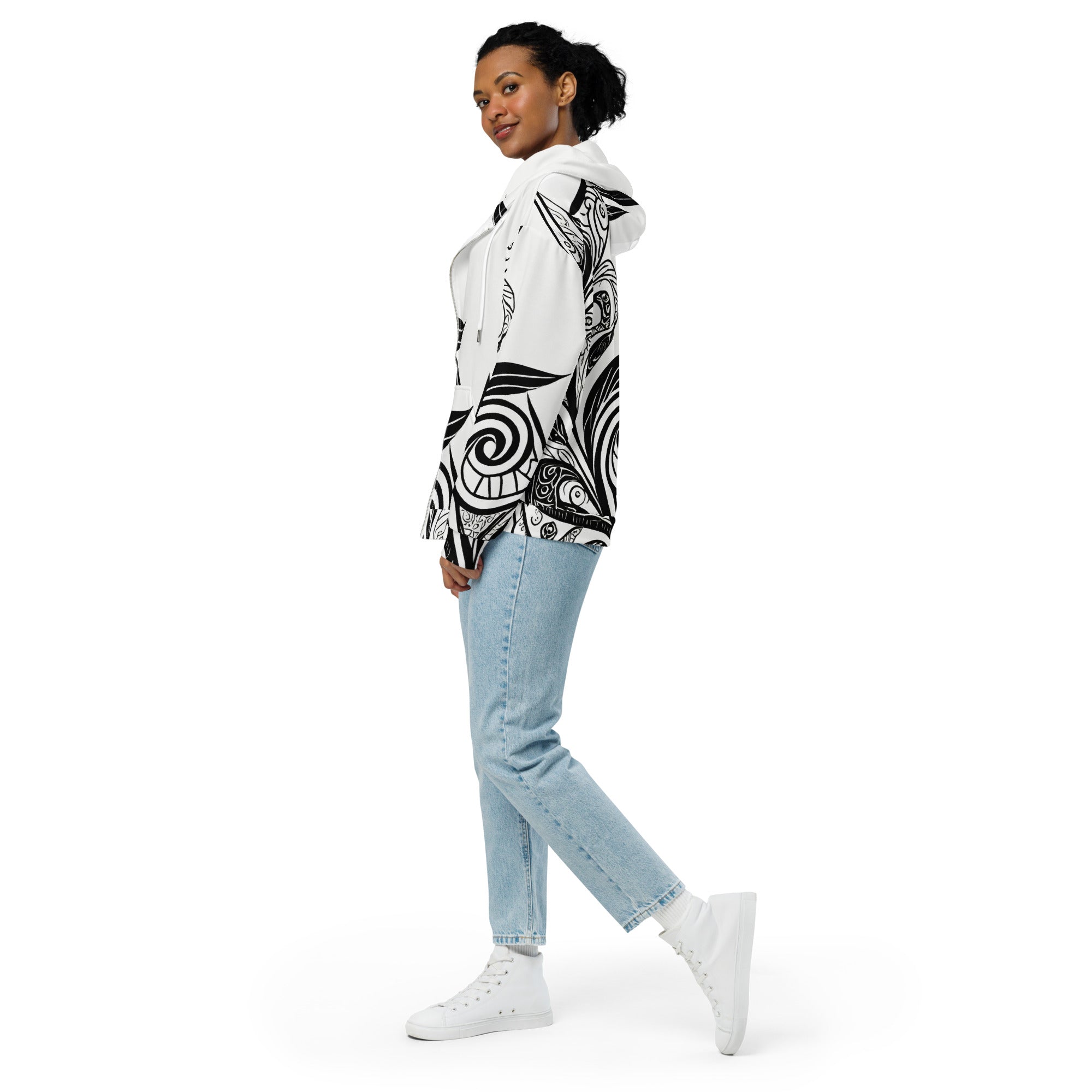 Womens Graphic Zip Hoodie featuring black floral line art print, showcasing a stylish design with a relaxed fit and premium details.